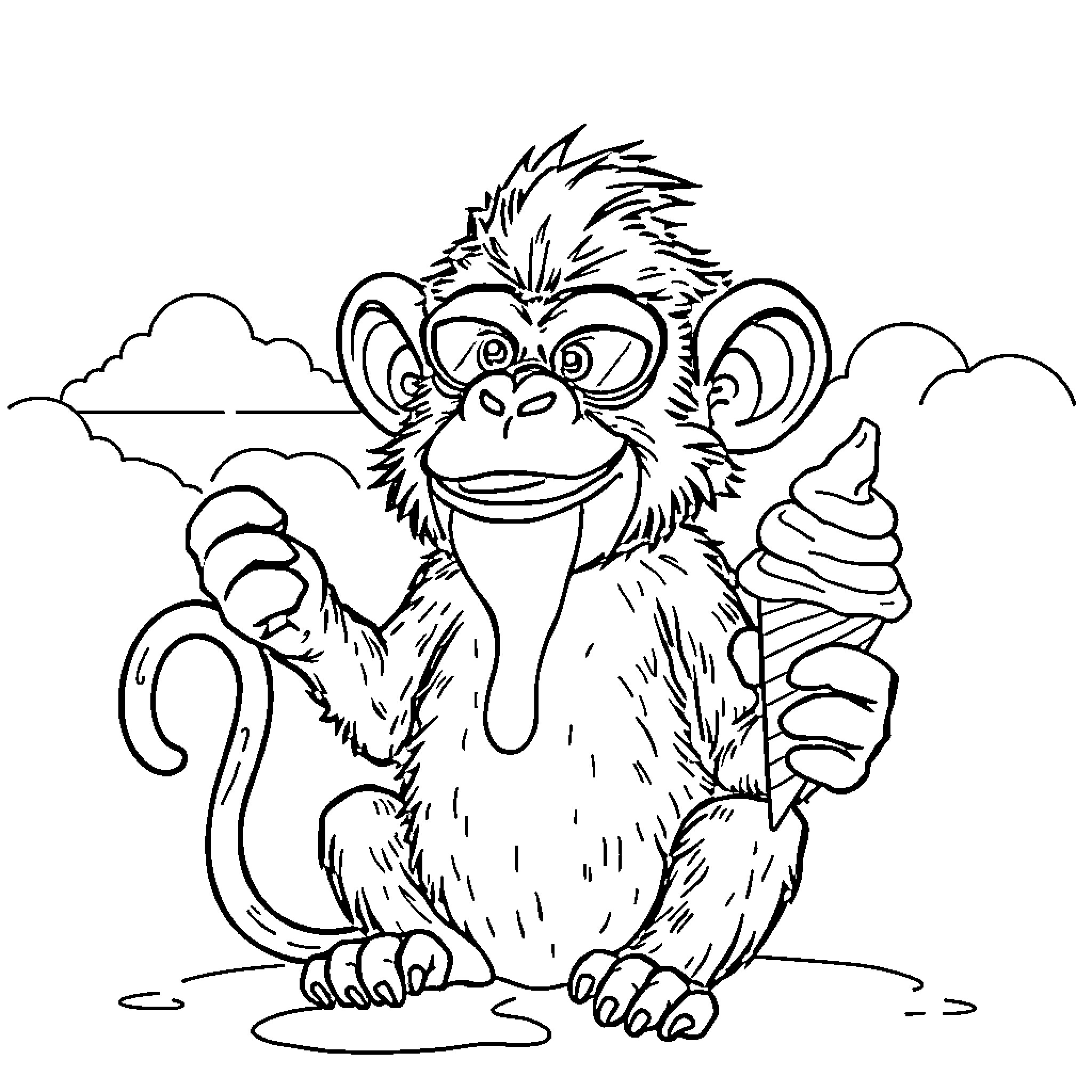 Monkey enjoying an ice cream cone Coloring Page (free black-and-white line drawing printable PDF for all, from beginners to advanced learners, including children, teens, adults, and seniors)