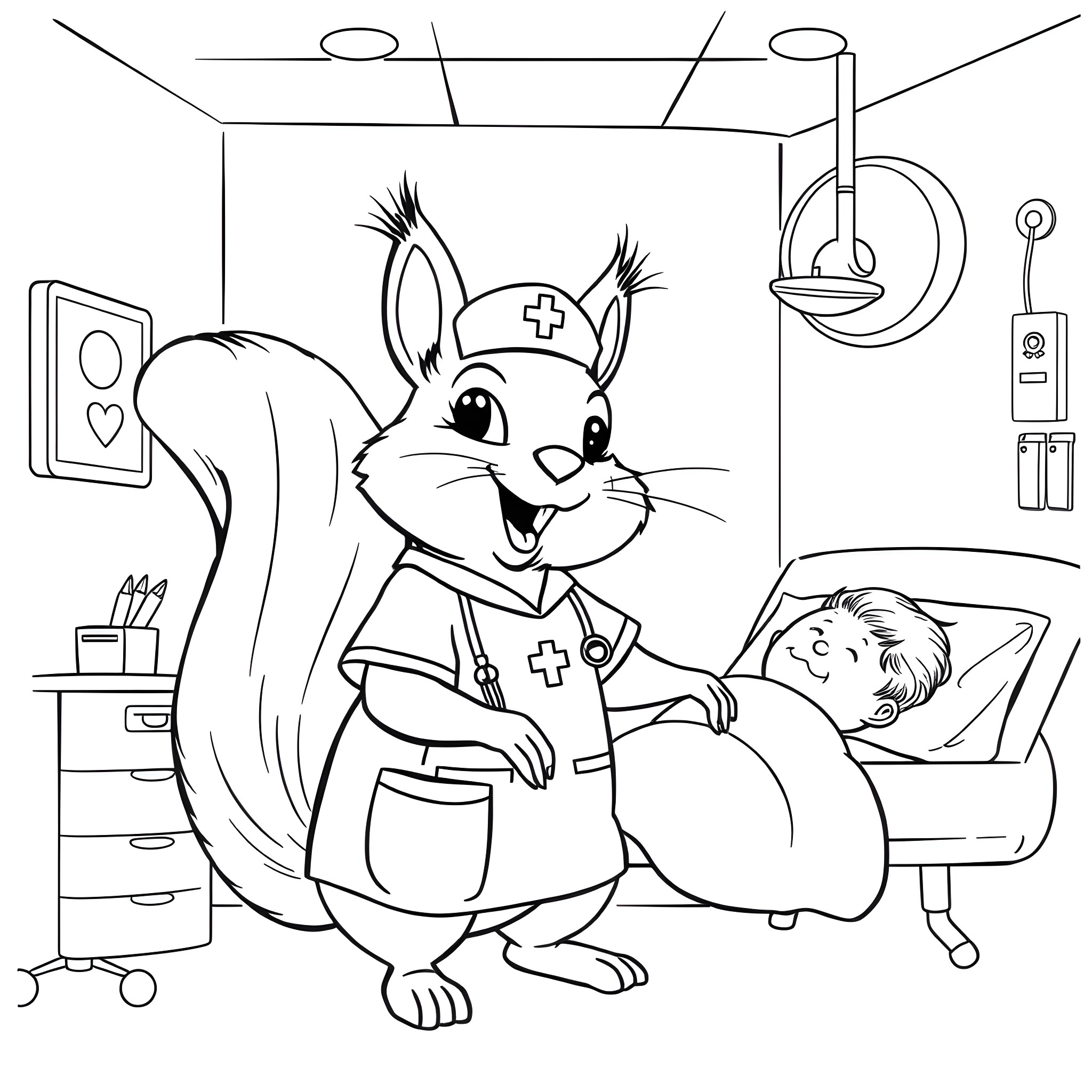 Squirrel Nurse Caring for Sick Patient Coloring Page (free black-and-white line drawing printable PDF for all, from beginners to advanced learners, including children, teens, adults, and seniors)