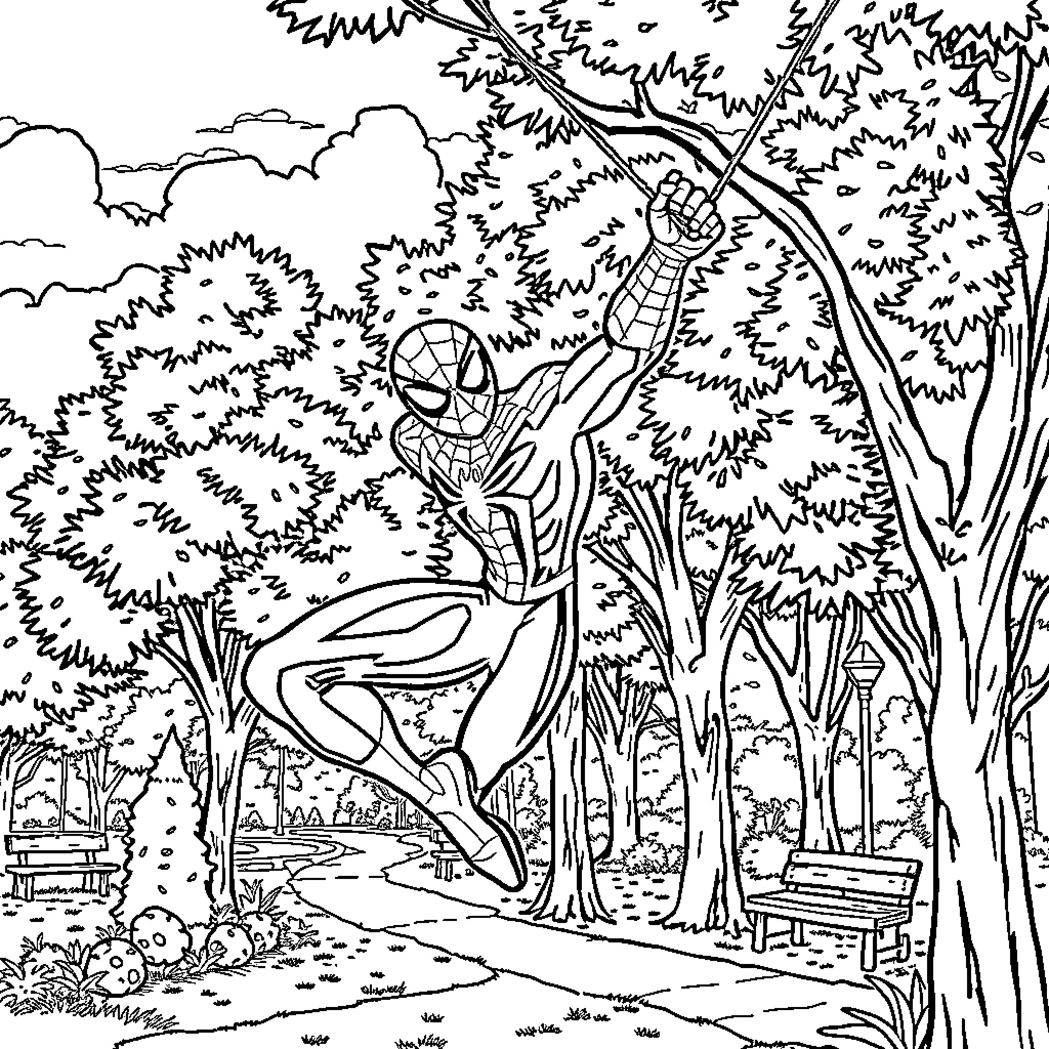 Spiderman swinging through the forest Coloring Page (free black-and-white line drawing printable PDF for all, from beginners to advanced learners, including children, teens, adults, and seniors)