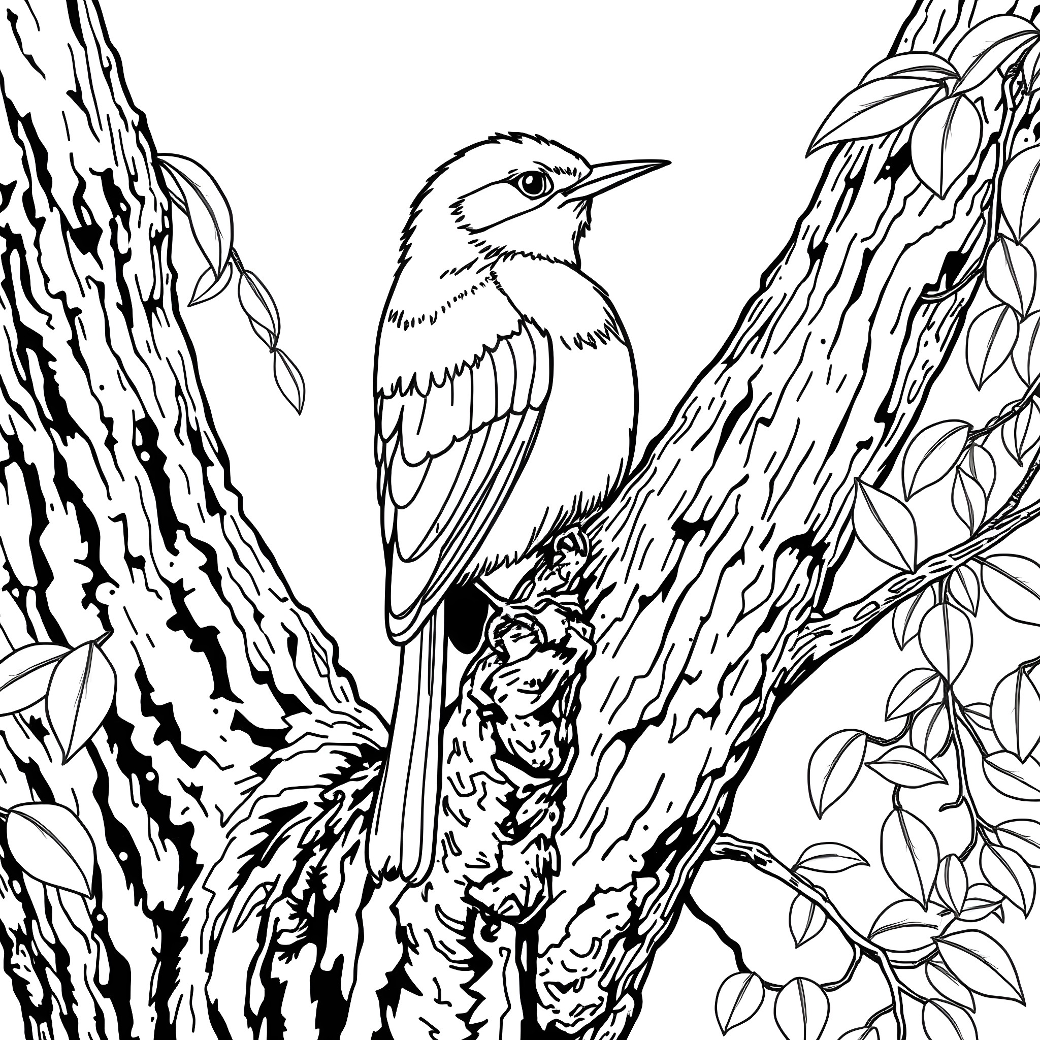 Dacnis perched amidst natural foliage Coloring Page (free black-and-white line drawing printable PDF for all, from beginners to advanced learners, including children, teens, adults, and seniors)