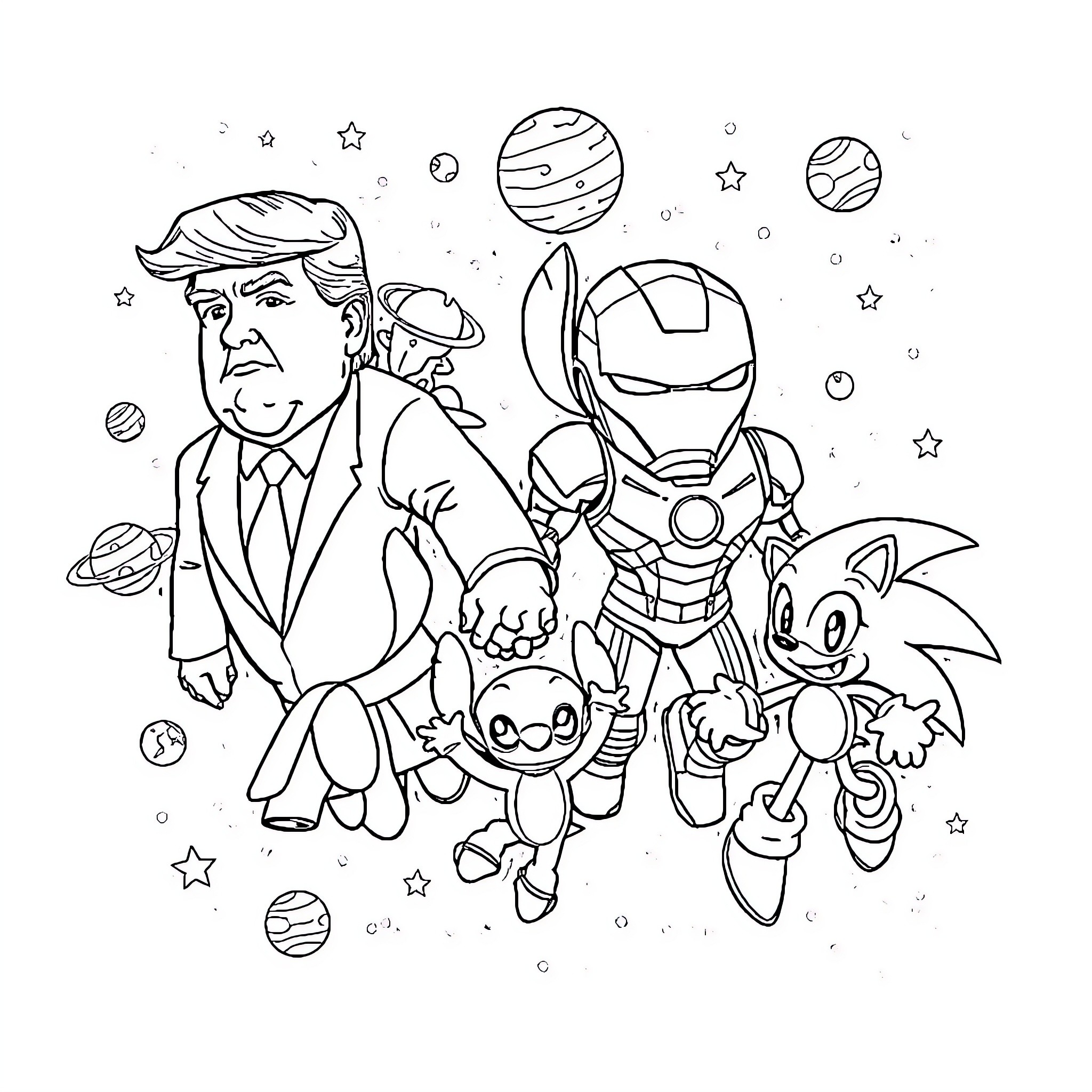 Character Gathering of Quirky Personalities in Cosmic Setting Coloring Page (free black-and-white line drawing printable PDF for all, from beginners to advanced learners, including children, teens, adults, and seniors)