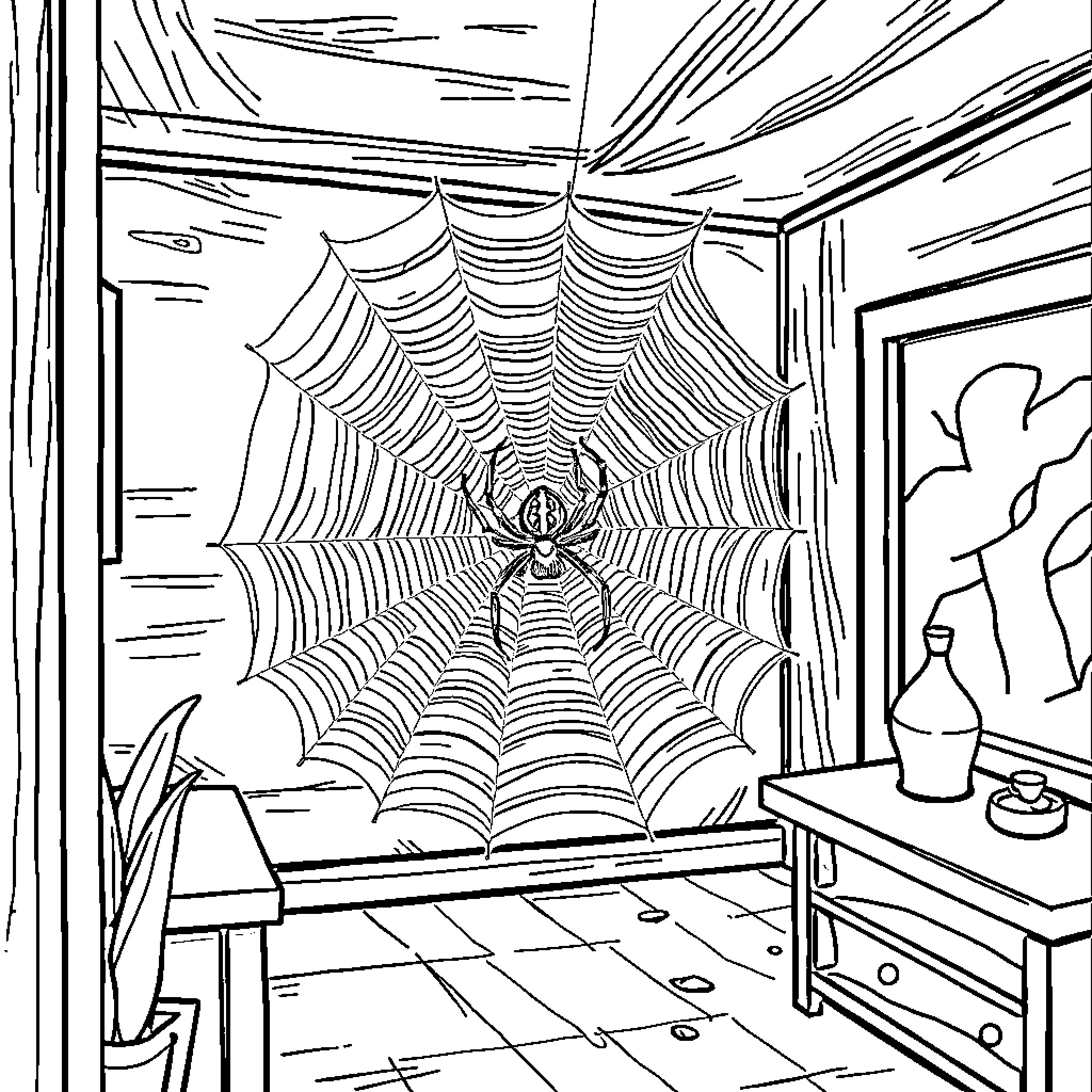 Spider weaving a detailed web in a dimly lit room Coloring Page (free black-and-white line drawing printable PDF for all, from beginners to advanced learners, including children, teens, adults, and seniors)