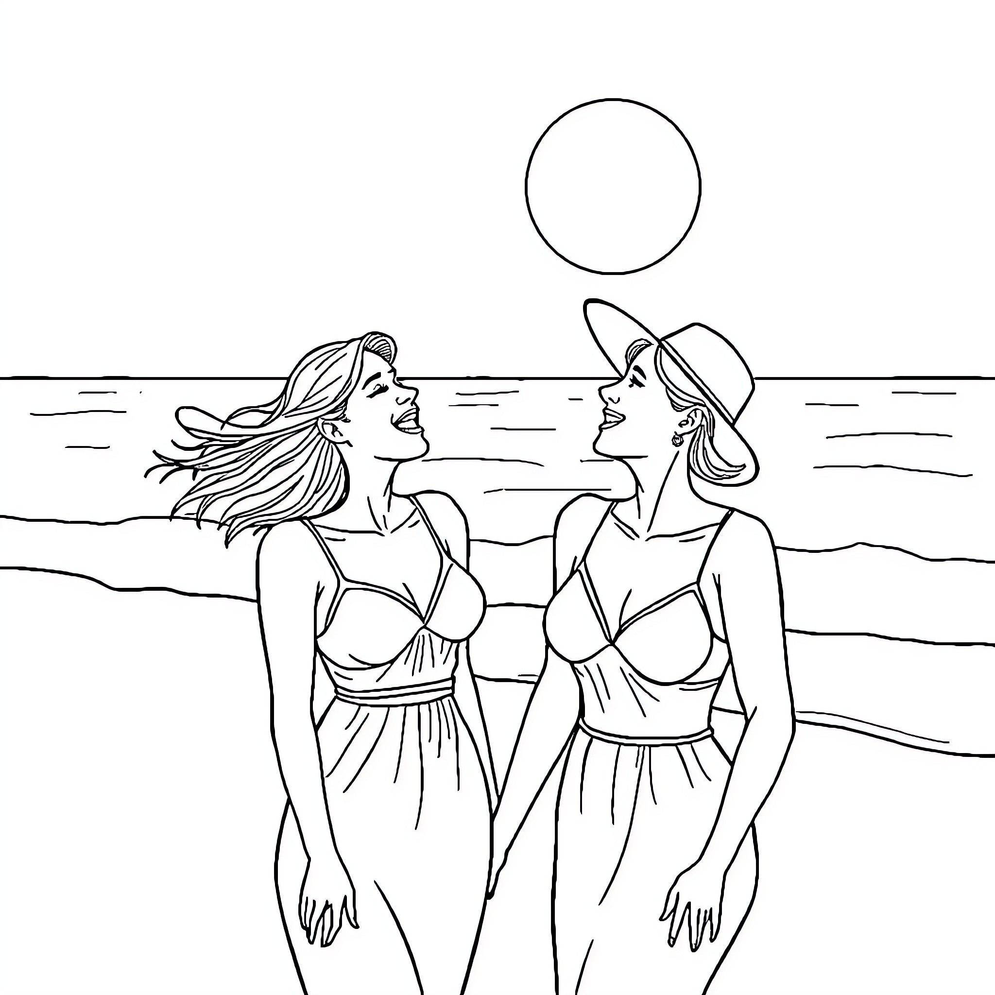 Women enjoying summer at the beach Coloring Page (free black-and-white line drawing printable PDF for all, from beginners to advanced learners, including children, teens, adults, and seniors)