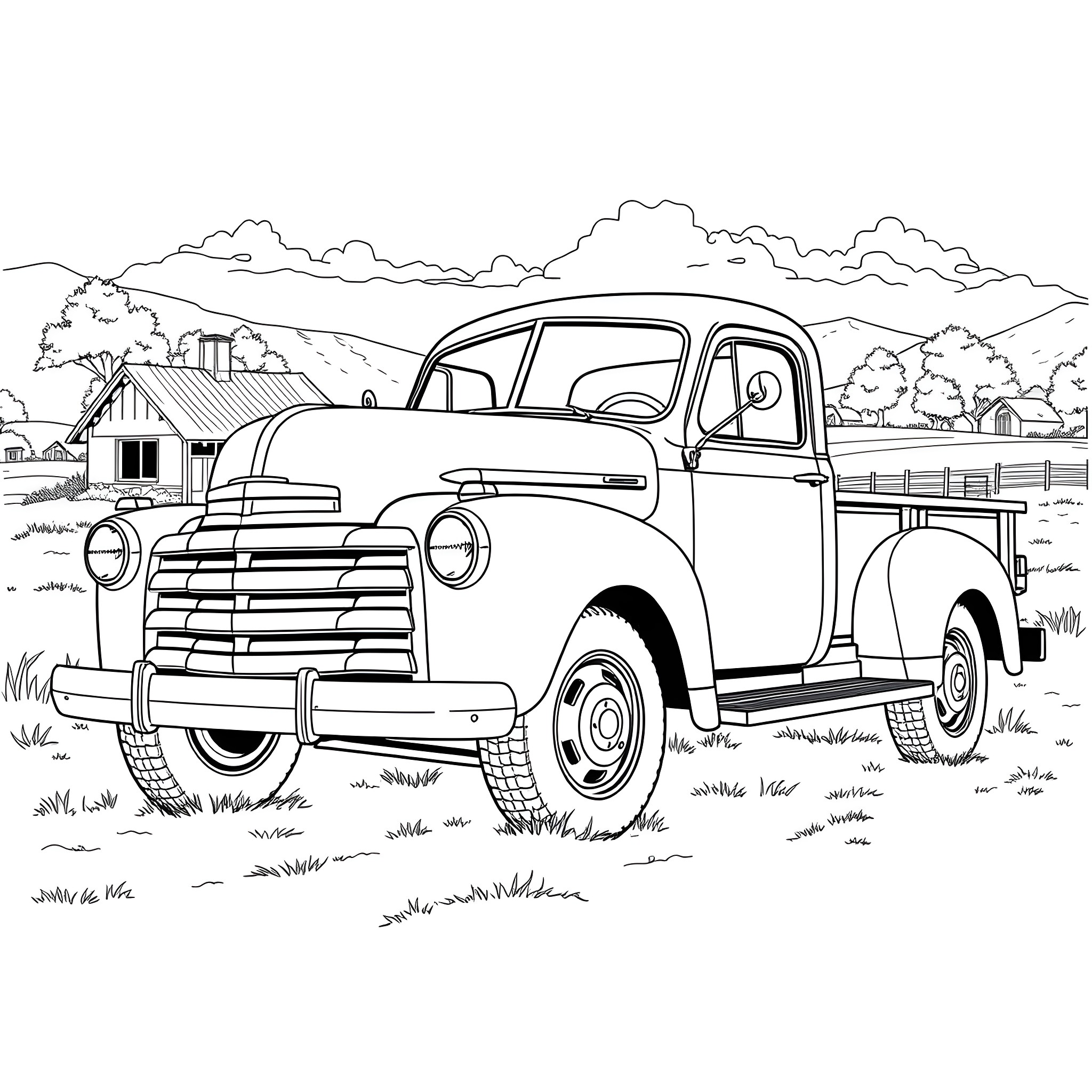 Truck parked in rural landscape Coloring Page (free black-and-white line drawing printable PDF for all, from beginners to advanced learners, including children, teens, adults, and seniors)