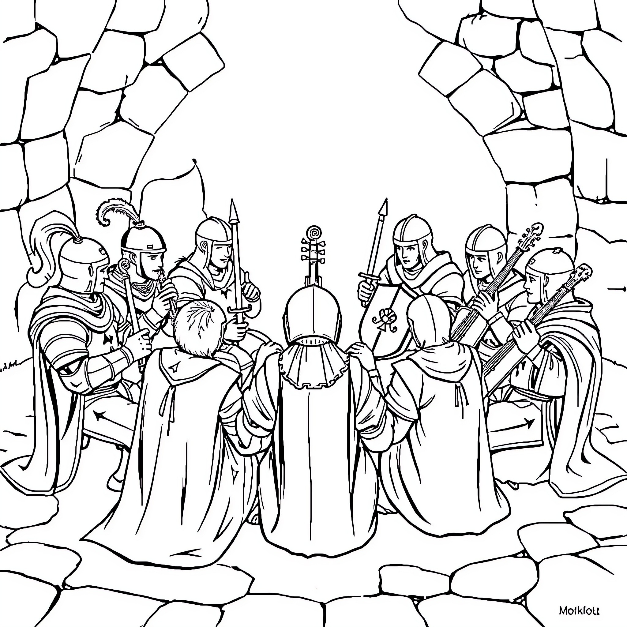 Knight warriors gathered for battle in castle ruins Coloring Page (free black-and-white line drawing printable PDF for all, from beginners to advanced learners, including children, teens, adults, and seniors)
