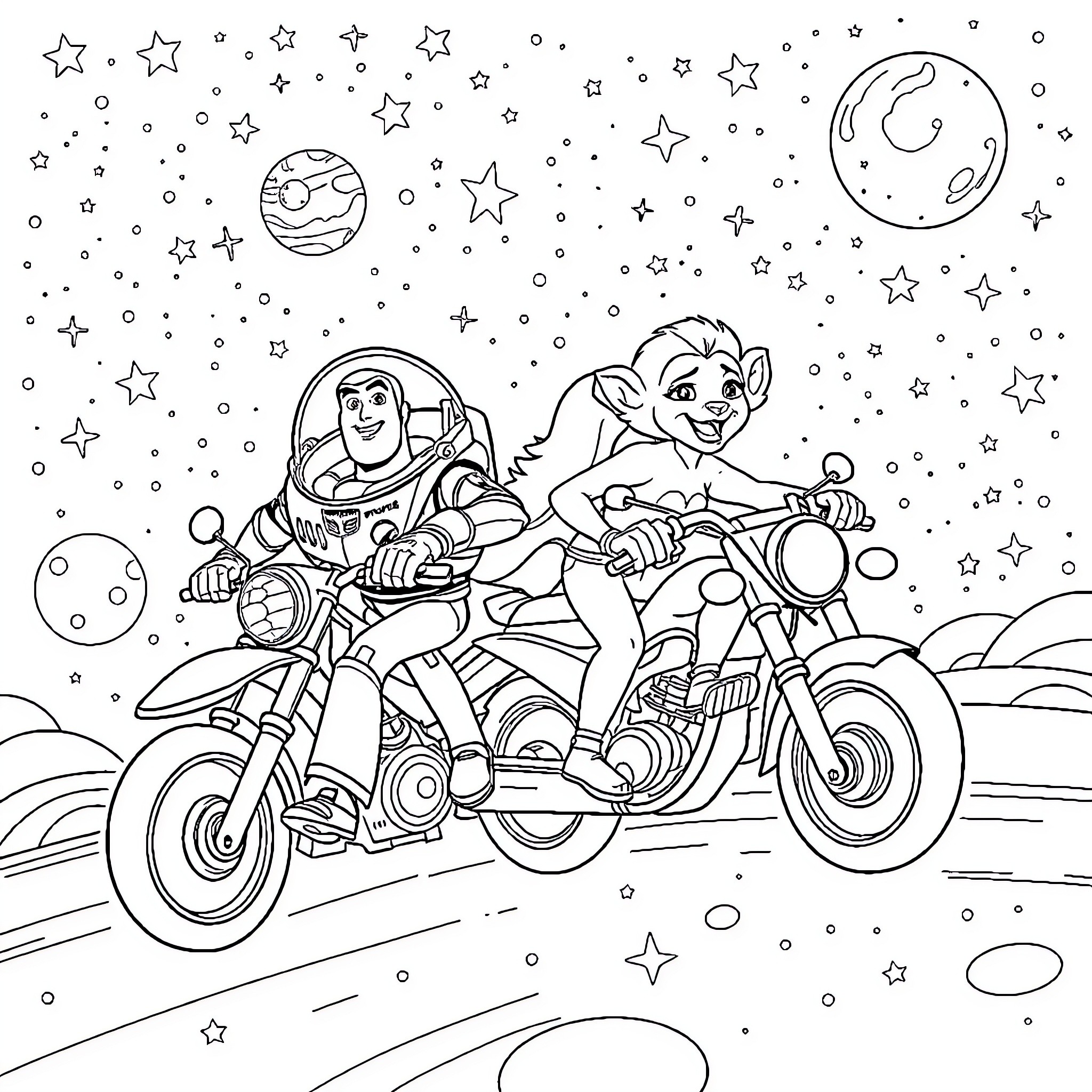 Buzz Lightyear riding a motorcycle through the galaxy Coloring Page (free black-and-white line drawing printable PDF for all, from beginners to advanced learners, including children, teens, adults, and seniors)