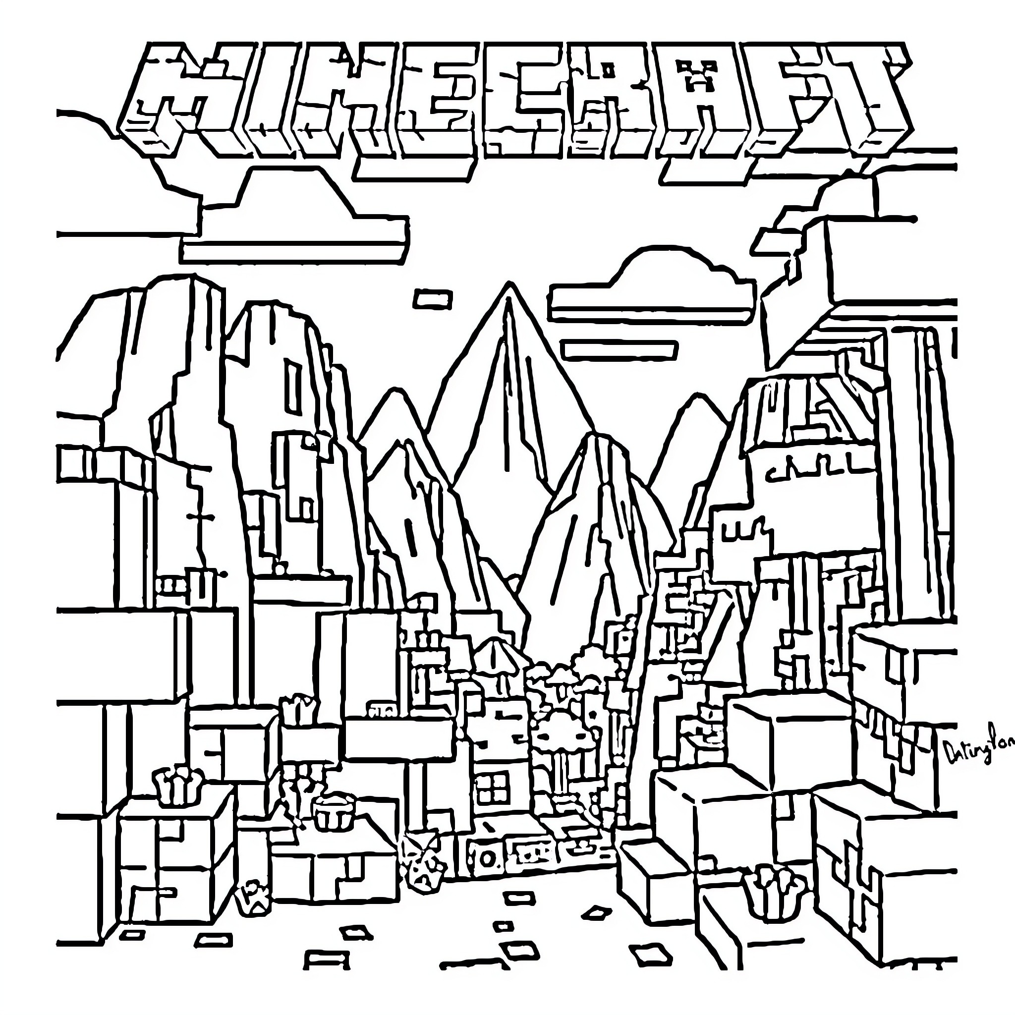 Minecraft Landscape with Mountainous Terrain Coloring Page (free black-and-white line drawing printable PDF for all, from beginners to advanced learners, including children, teens, adults, and seniors)