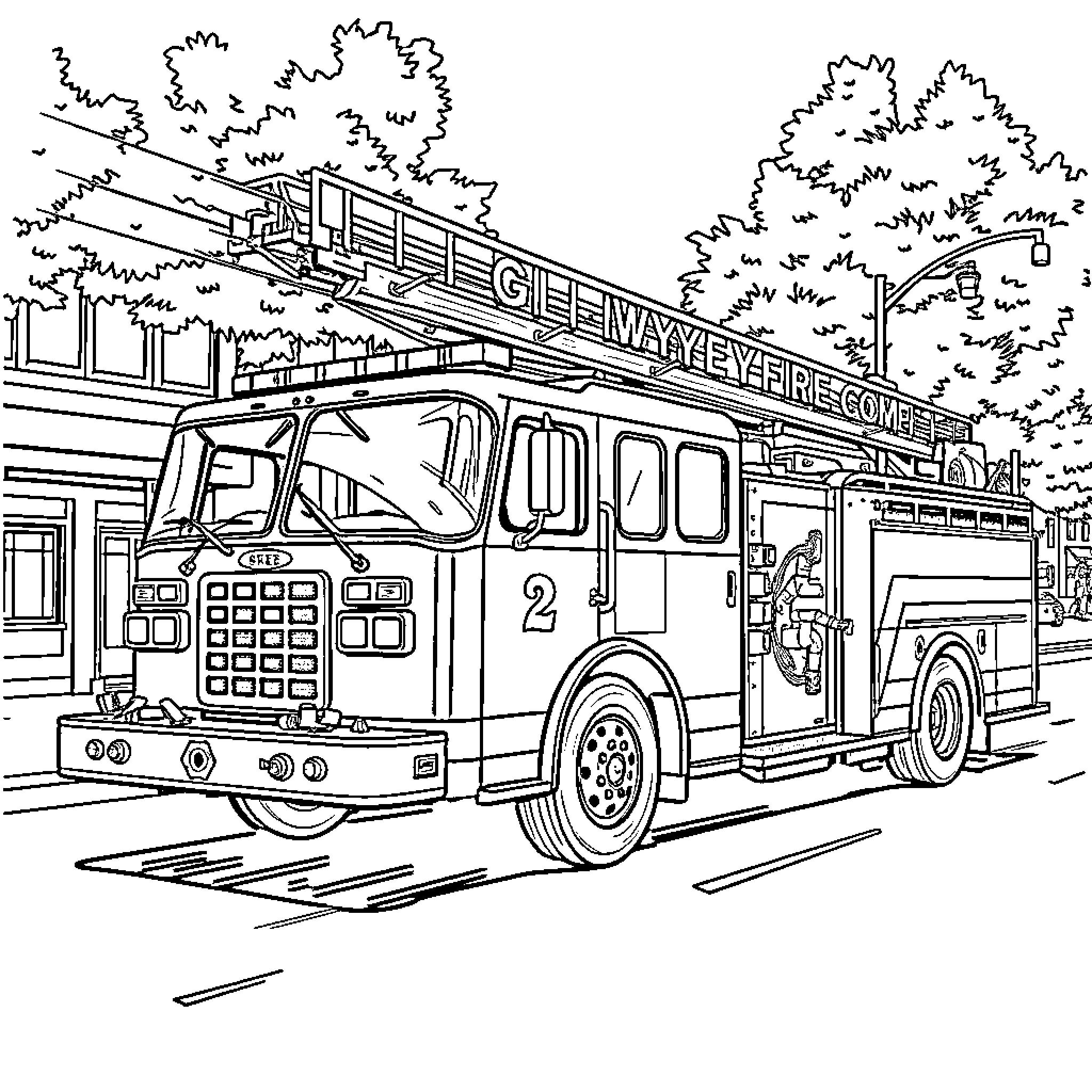 Fire Truck rushing to an emergency scene Coloring Page (free black-and-white line drawing printable PDF for all, from beginners to advanced learners, including children, teens, adults, and seniors)
