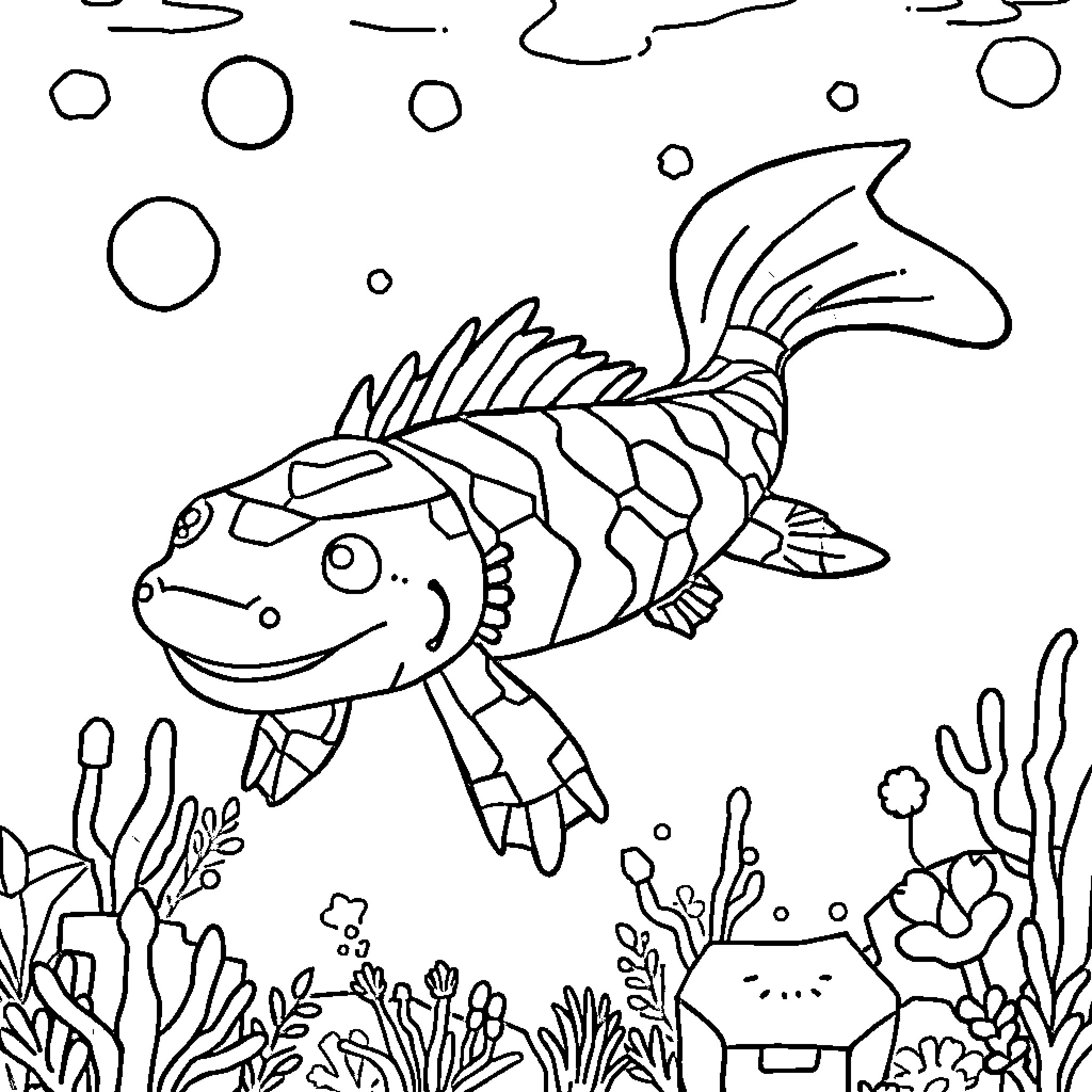 Axolotl Swimming Happily in the Aquarium Coloring Page (free black-and-white line drawing printable PDF for all, from beginners to advanced learners, including children, teens, adults, and seniors)