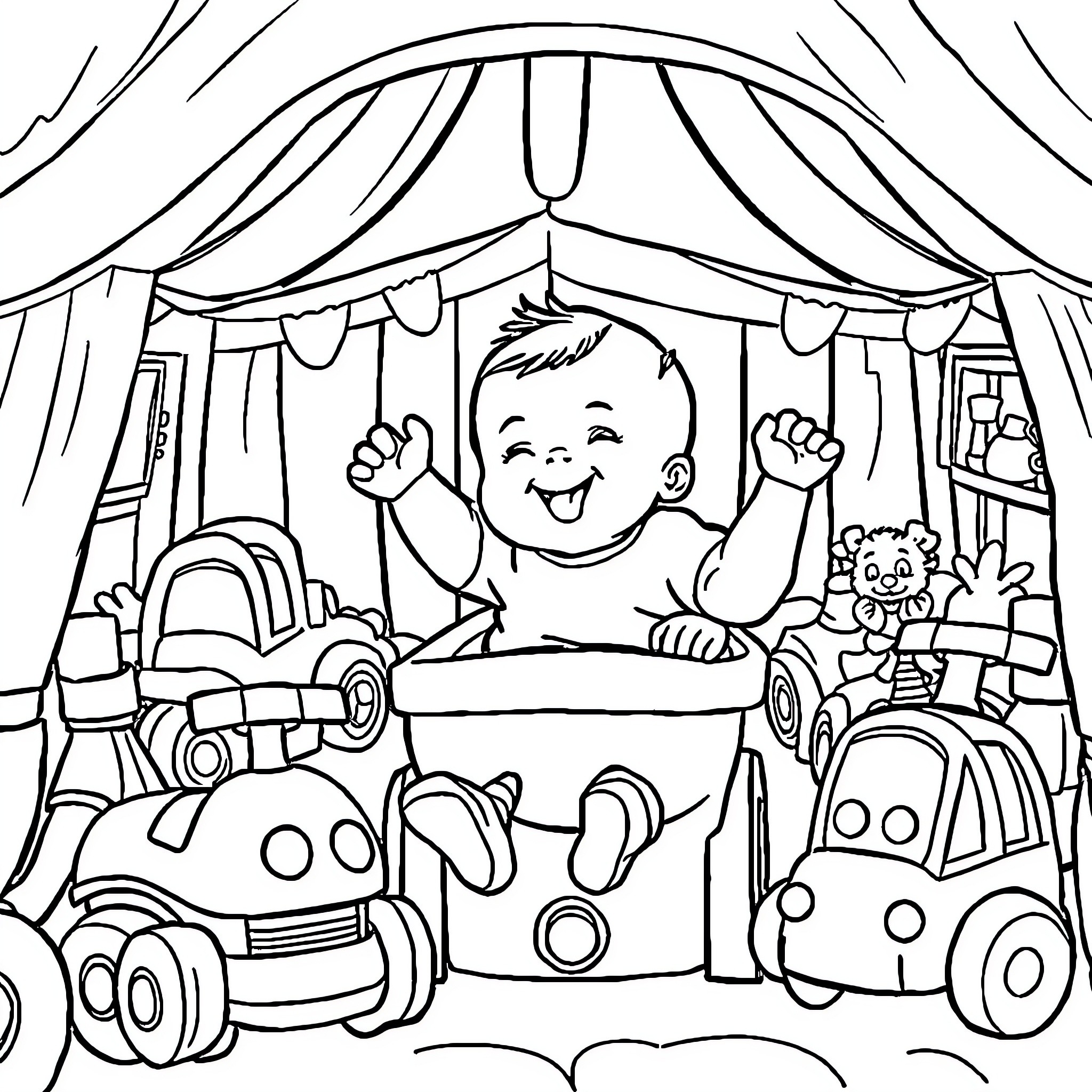 Bebe playing happily with toys in the playpen Coloring Page (free black-and-white line drawing printable PDF for all, from beginners to advanced learners, including children, teens, adults, and seniors)