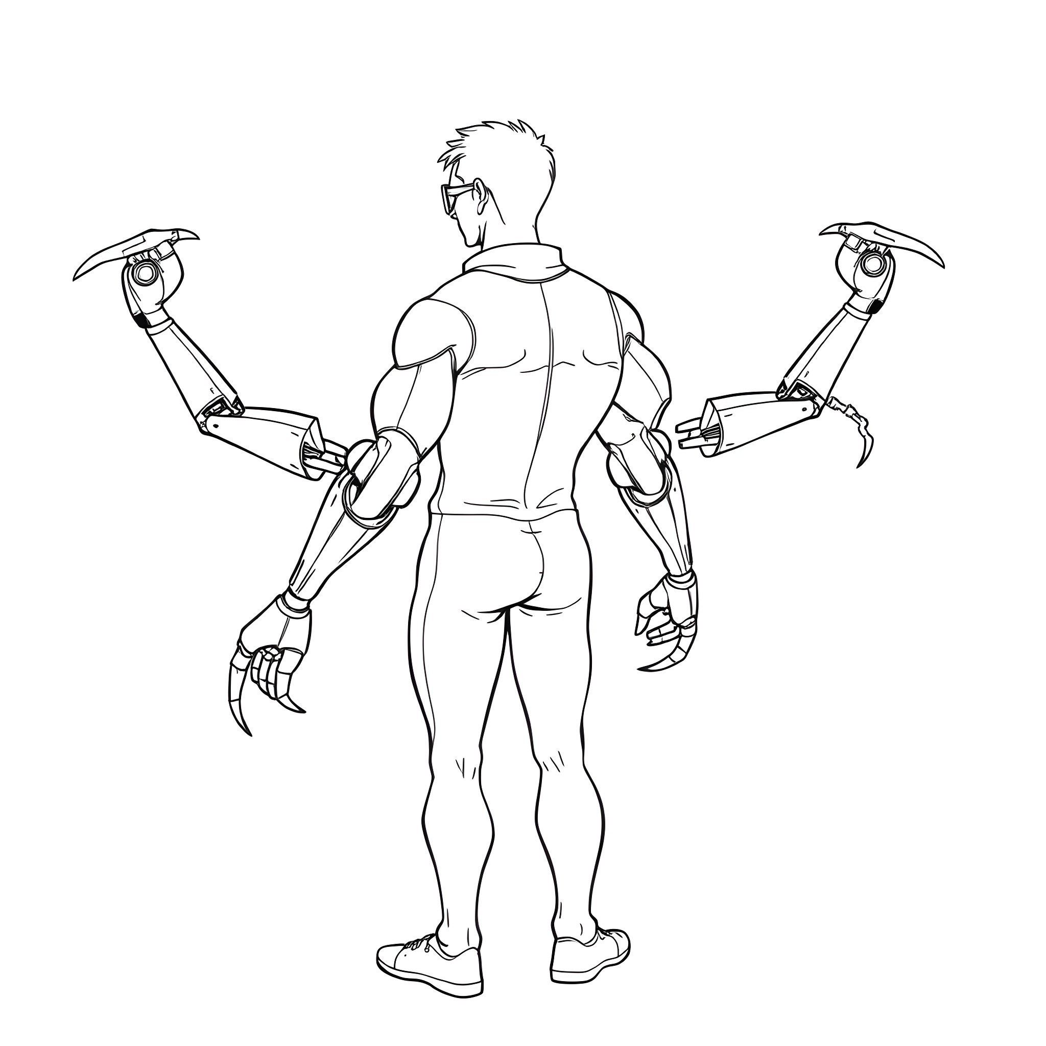 Man in futuristic robotic suit with mechanical arms Coloring Page (free black-and-white line drawing printable PDF for all, from beginners to advanced learners, including children, teens, adults, and seniors)