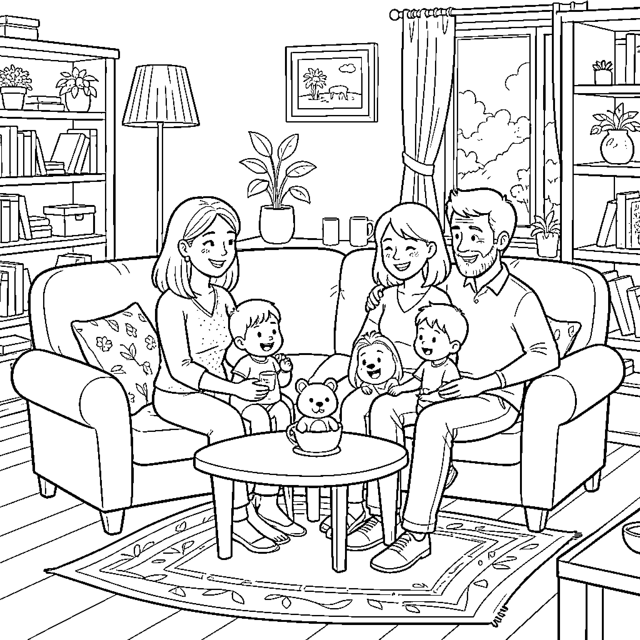 Family Enjoying Quality Time Together at Home Coloring Page (free black-and-white line drawing printable PDF for all, from beginners to advanced learners, including children, teens, adults, and seniors)