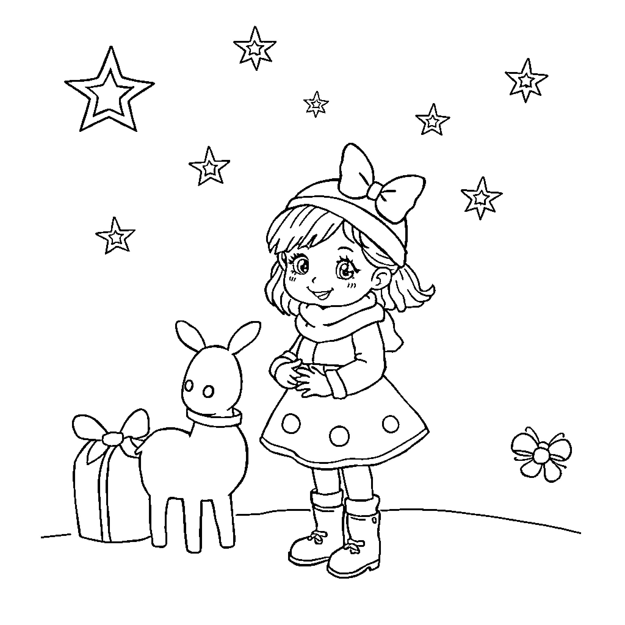 Christmas girl playing with toy animal under stars Coloring Page (free black-and-white line drawing printable PDF for all, from beginners to advanced learners, including children, teens, adults, and seniors)