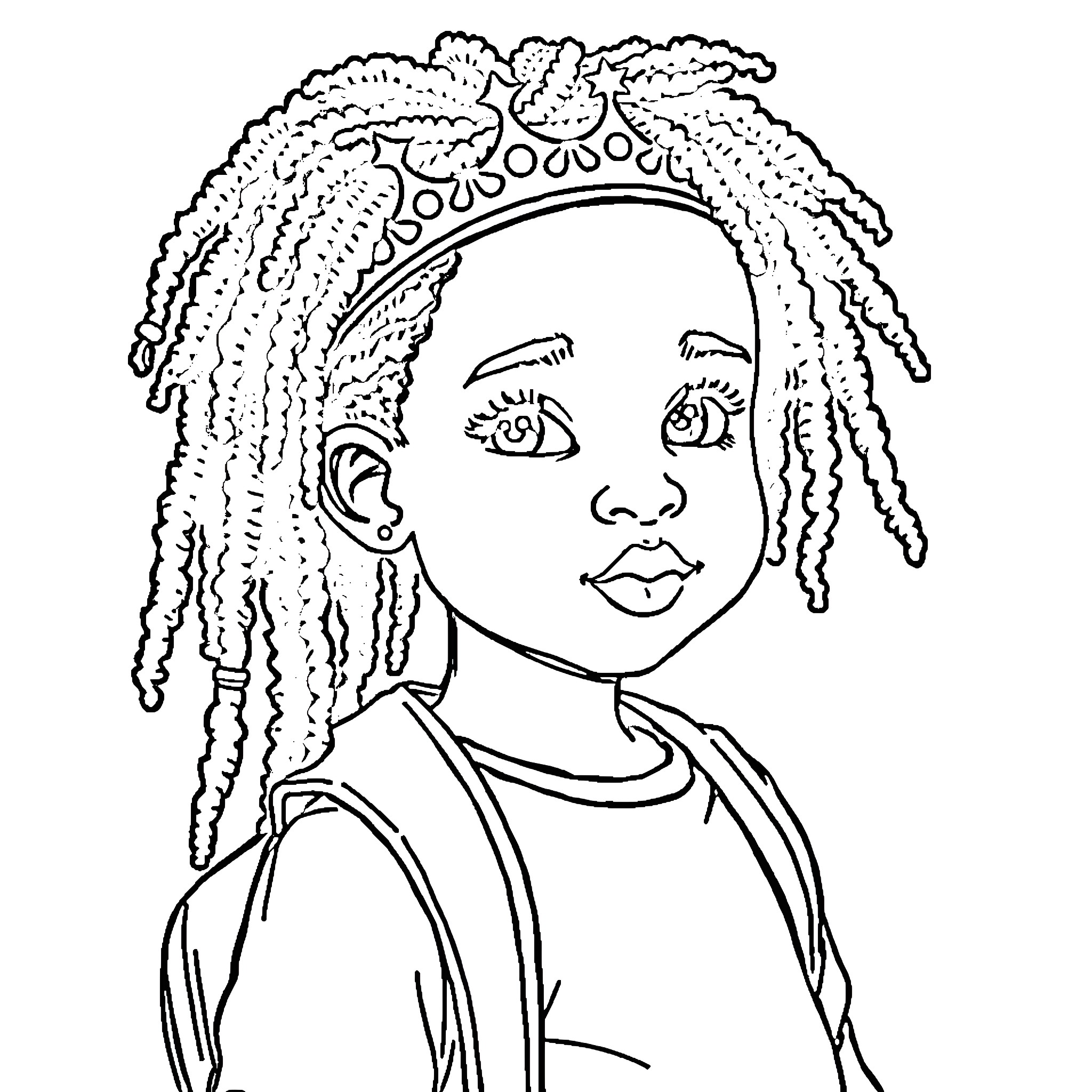 Kid with ornate hairstyle and pensive expression Coloring Page (free black-and-white line drawing printable PDF for all, from beginners to advanced learners, including children, teens, adults, and seniors)