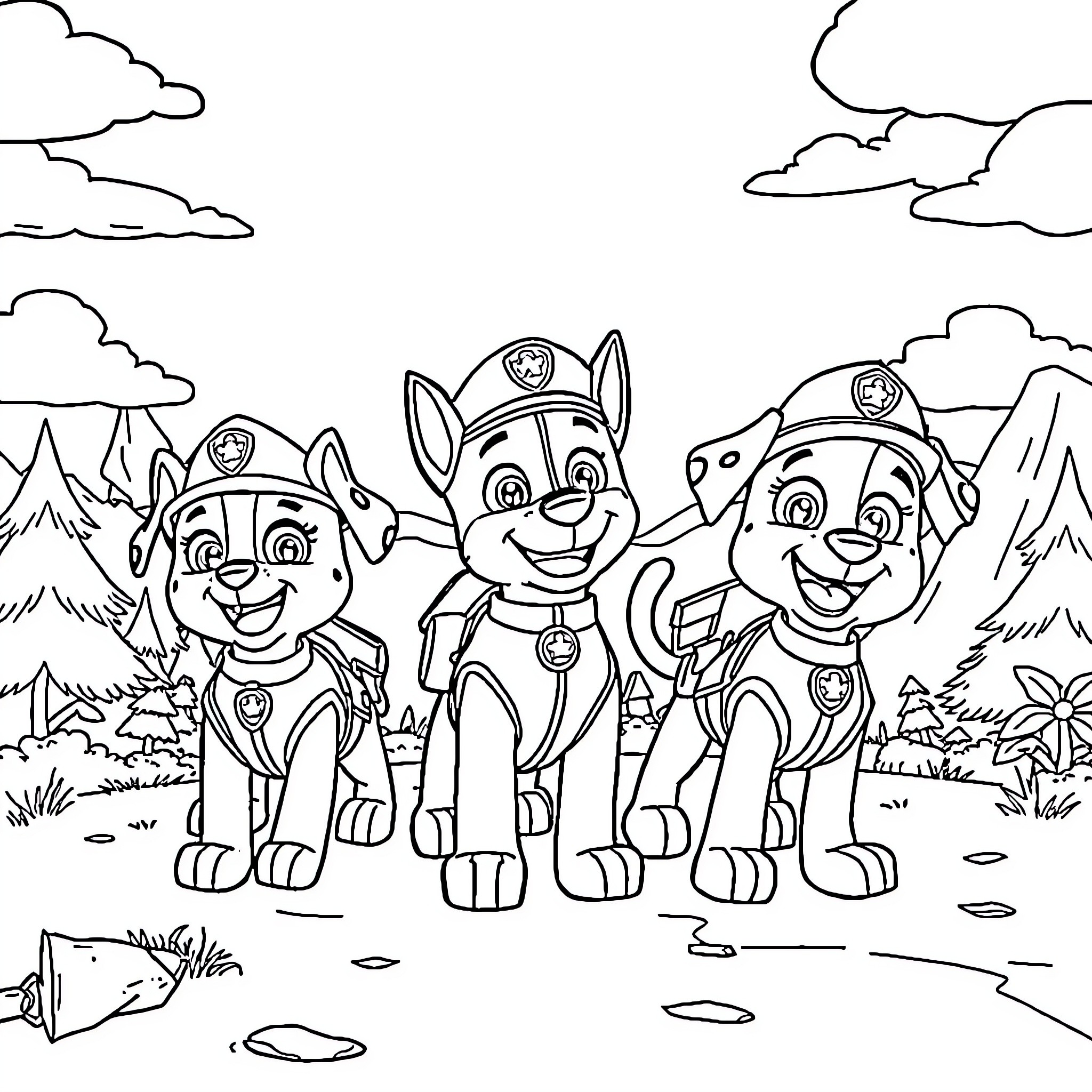 Paw Patrol characters in outdoor adventure Coloring Page (free black-and-white line drawing printable PDF for all, from beginners to advanced learners, including children, teens, adults, and seniors)