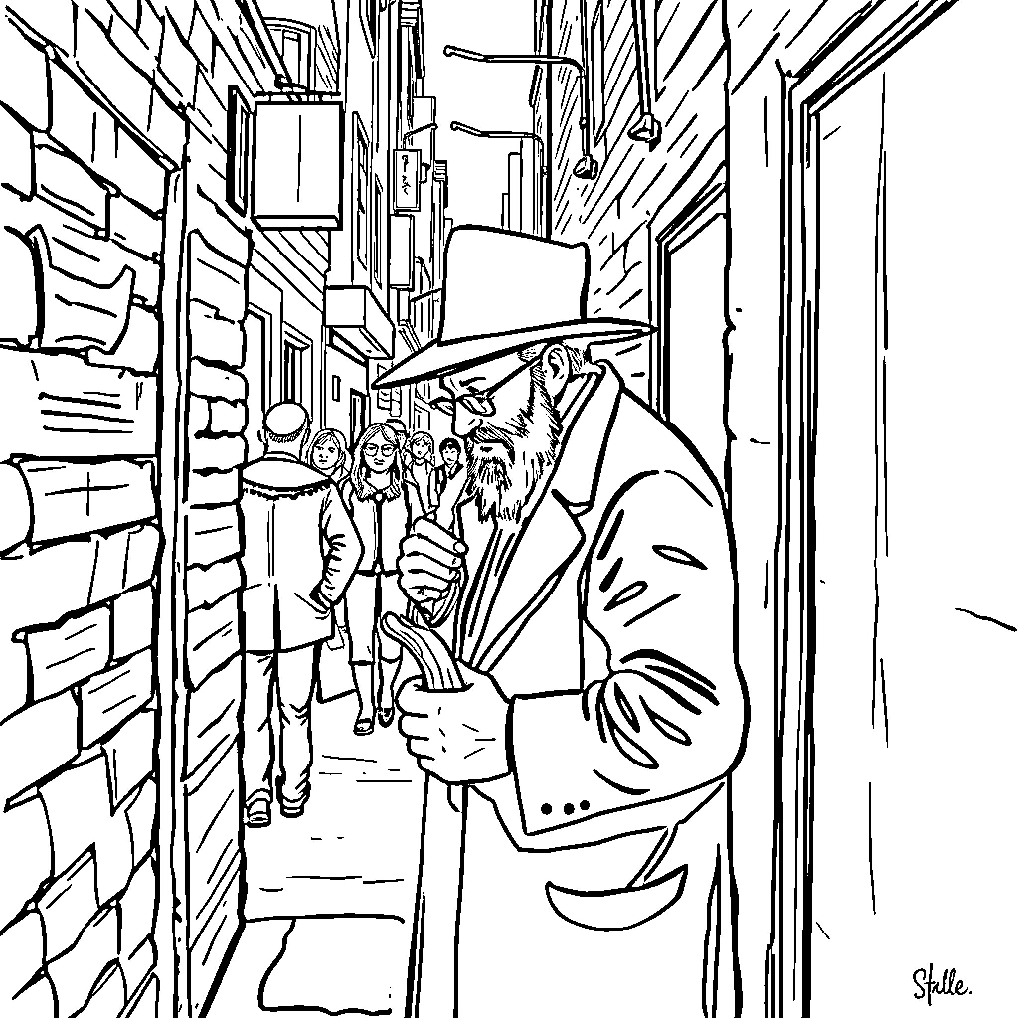 Jewish Man Walking in Crowded City Alleyway Coloring Page (free black-and-white line drawing printable PDF for all, from beginners to advanced learners, including children, teens, adults, and seniors)