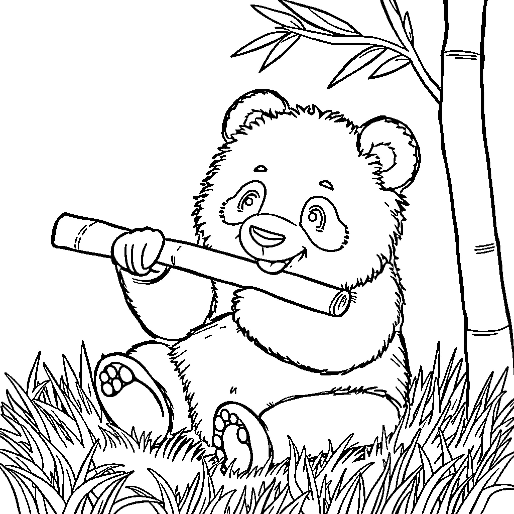 Panda playing happily with a stick in the forest Coloring Page (free black-and-white line drawing printable PDF for all, from beginners to advanced learners, including children, teens, adults, and seniors)