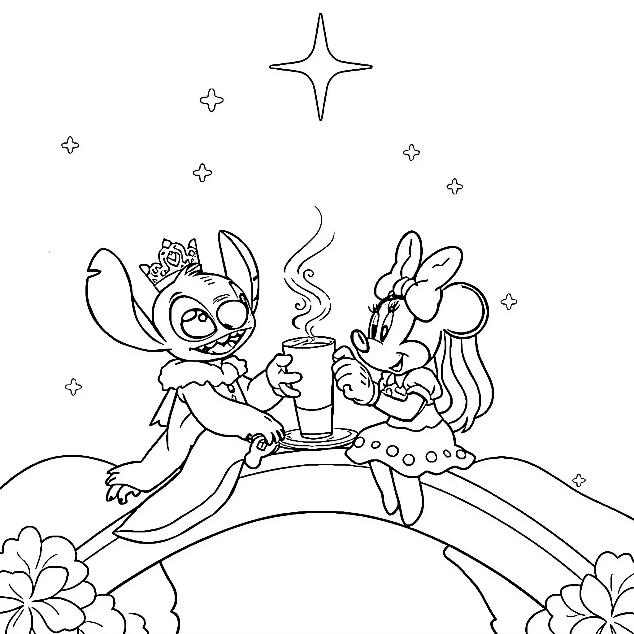 Stitch and Minnie enjoying a magical moment Coloring Page (free black-and-white line drawing printable PDF for all, from beginners to advanced learners, including children, teens, adults, and seniors)