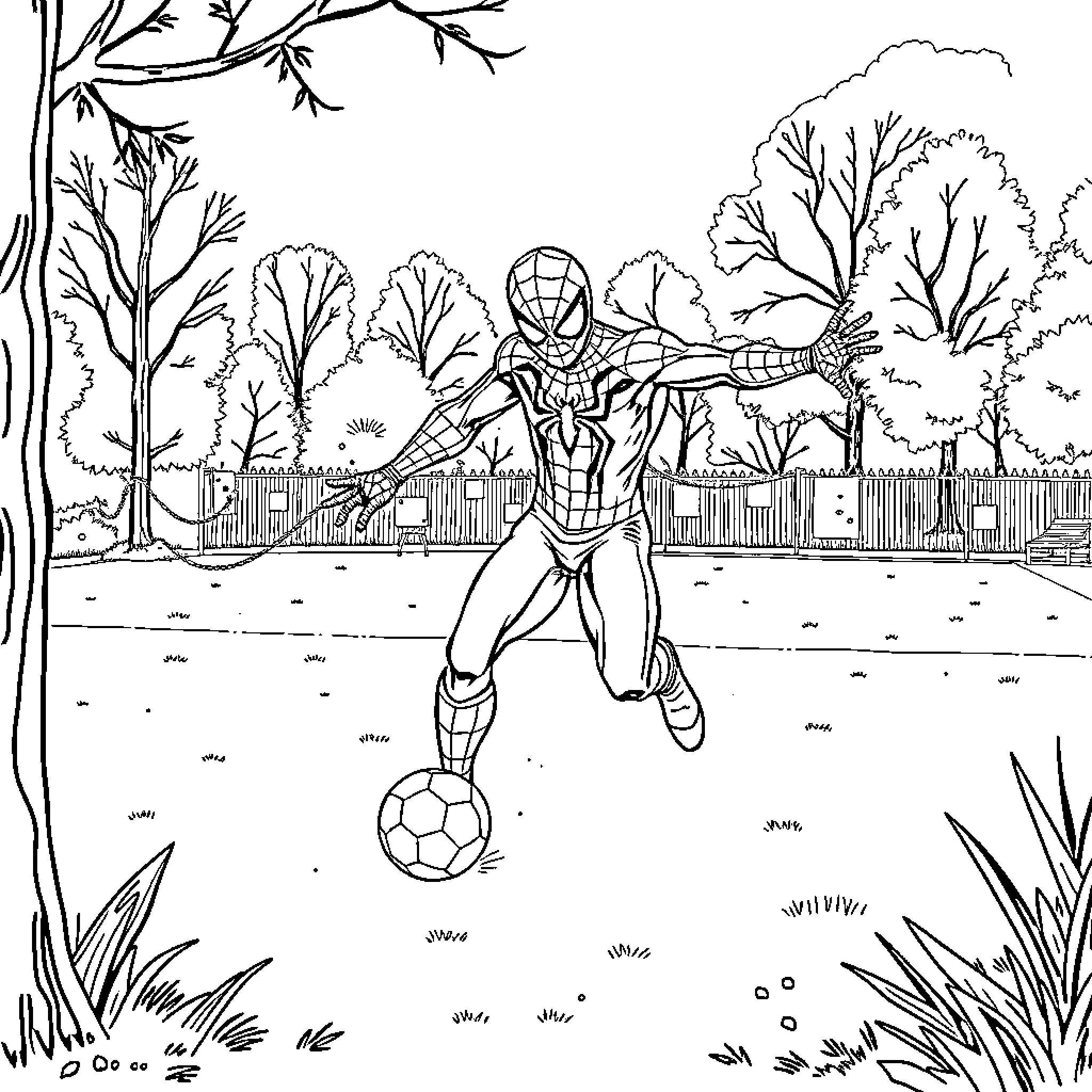 Spiderman playing soccer in the park Coloring Page (free black-and-white line drawing printable PDF for all, from beginners to advanced learners, including children, teens, adults, and seniors)