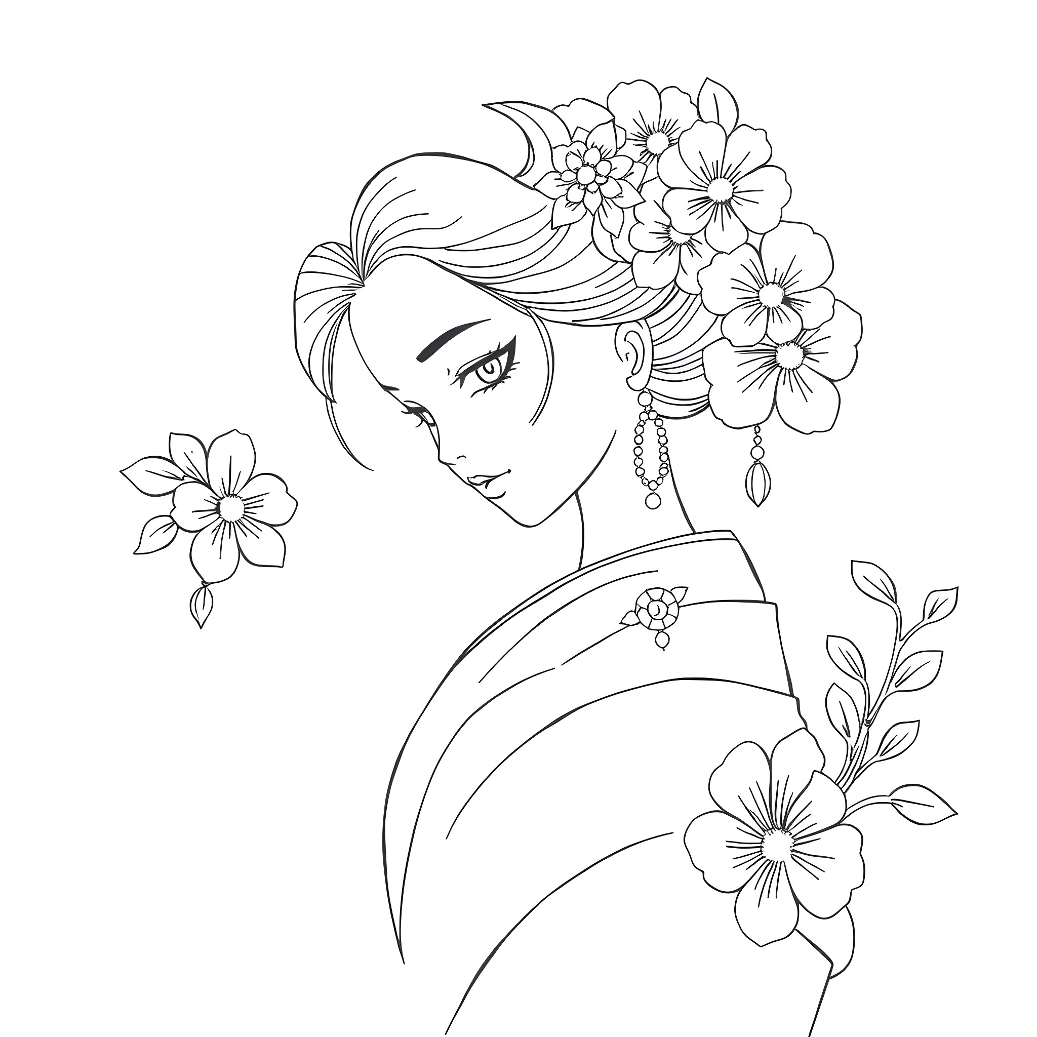 Koseki Bijou: Elegantly Adorned Woman with Flowing Floral Hairstyle Coloring Page (free black-and-white line drawing printable PDF for all, from beginners to advanced learners, including children, teens, adults, and seniors)
