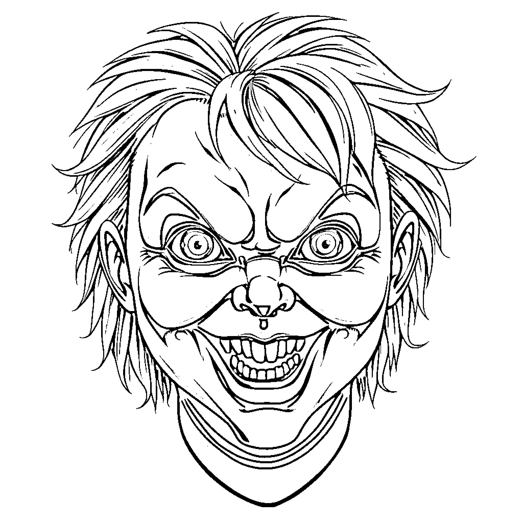 Chucky's Menacing Grin and Mischievous Appearance Coloring Page (free black-and-white line drawing printable PDF for all, from beginners to advanced learners, including children, teens, adults, and seniors)