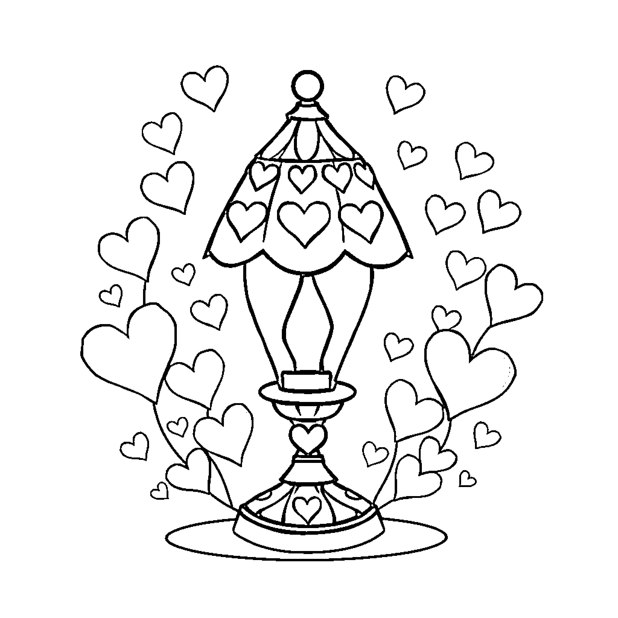 Lamp adorned with hearts in a romantic scene Coloring Page (free black-and-white line drawing printable PDF for all, from beginners to advanced learners, including children, teens, adults, and seniors)