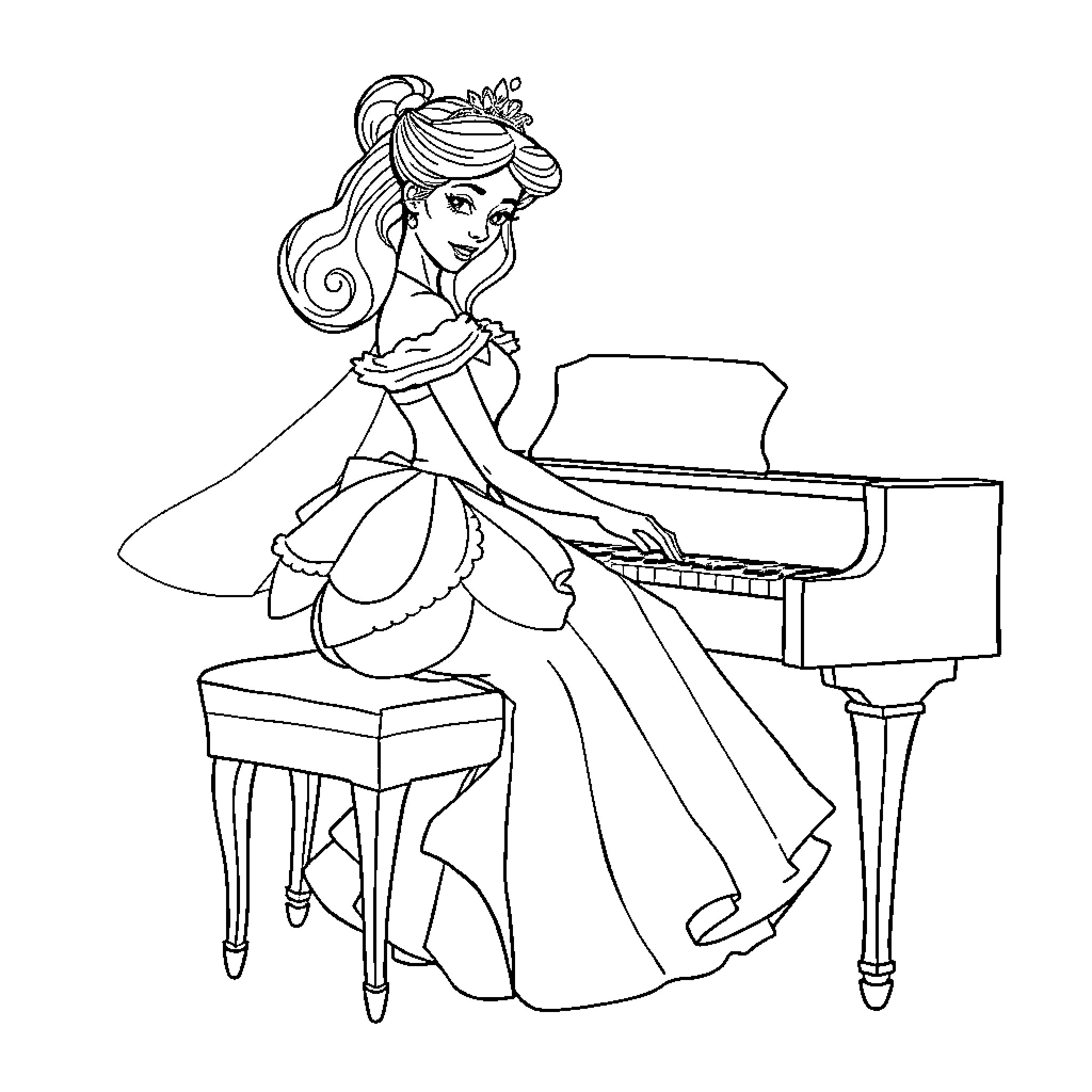 Princess playing piano in elegant attire Coloring Page (free black-and-white line drawing printable PDF for all, from beginners to advanced learners, including children, teens, adults, and seniors)