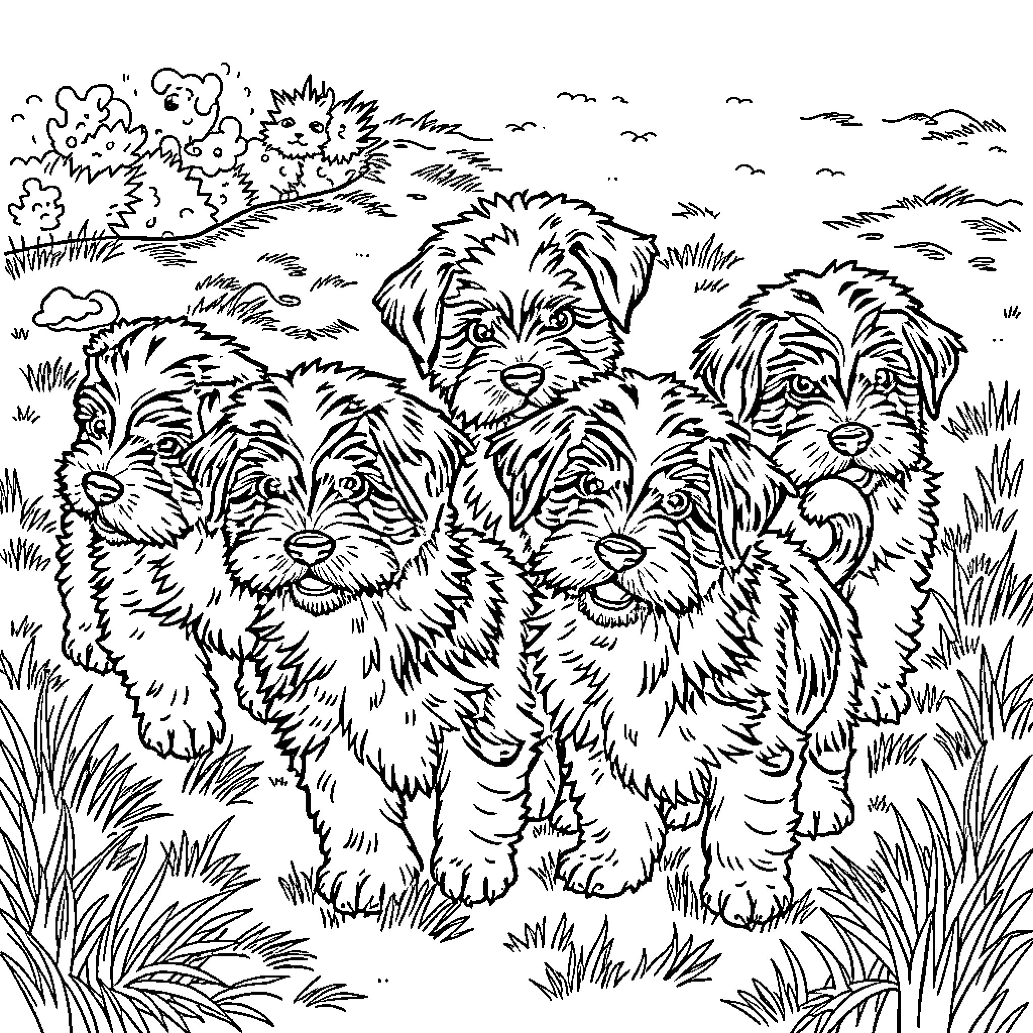 Havanese Puppies playing in the park Coloring Page (free black-and-white line drawing printable PDF for all, from beginners to advanced learners, including children, teens, adults, and seniors)
