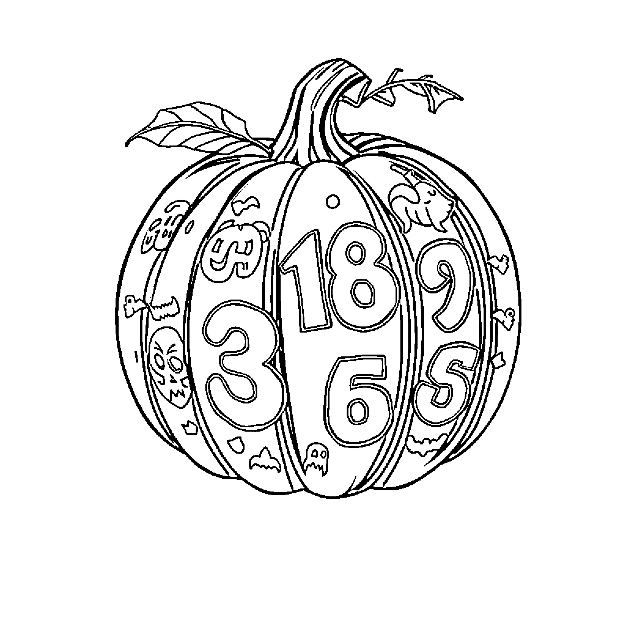 Pumpkin with Whimsical Numbered Patterns Coloring Page (free black-and-white line drawing printable PDF for all, from beginners to advanced learners, including children, teens, adults, and seniors)
