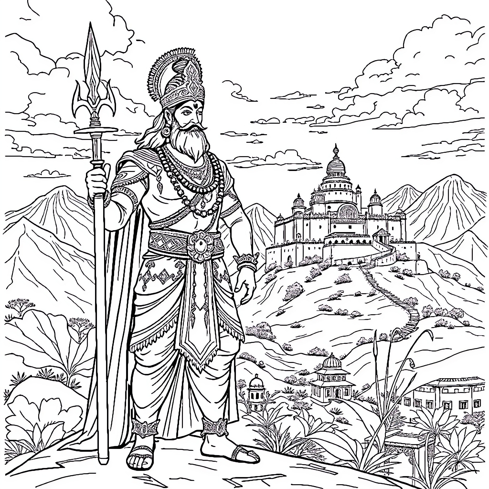 Shivaji the Warrior King Surveying His Kingdom Coloring Page (free black-and-white line drawing printable PDF for all, from beginners to advanced learners, including children, teens, adults, and seniors)