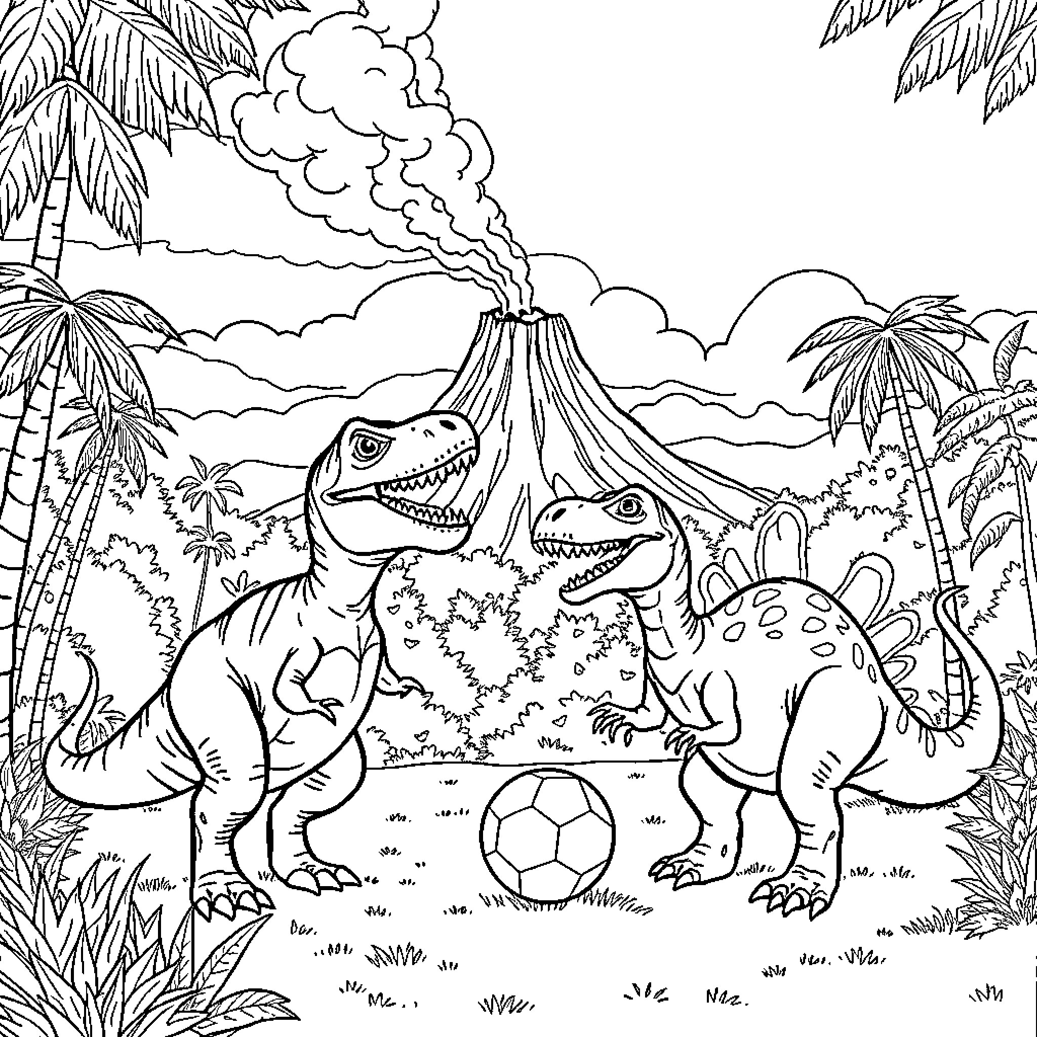 Dinosaurs Playing Soccer in Prehistoric Landscape Coloring Page (free black-and-white line drawing printable PDF for all, from beginners to advanced learners, including children, teens, adults, and seniors)