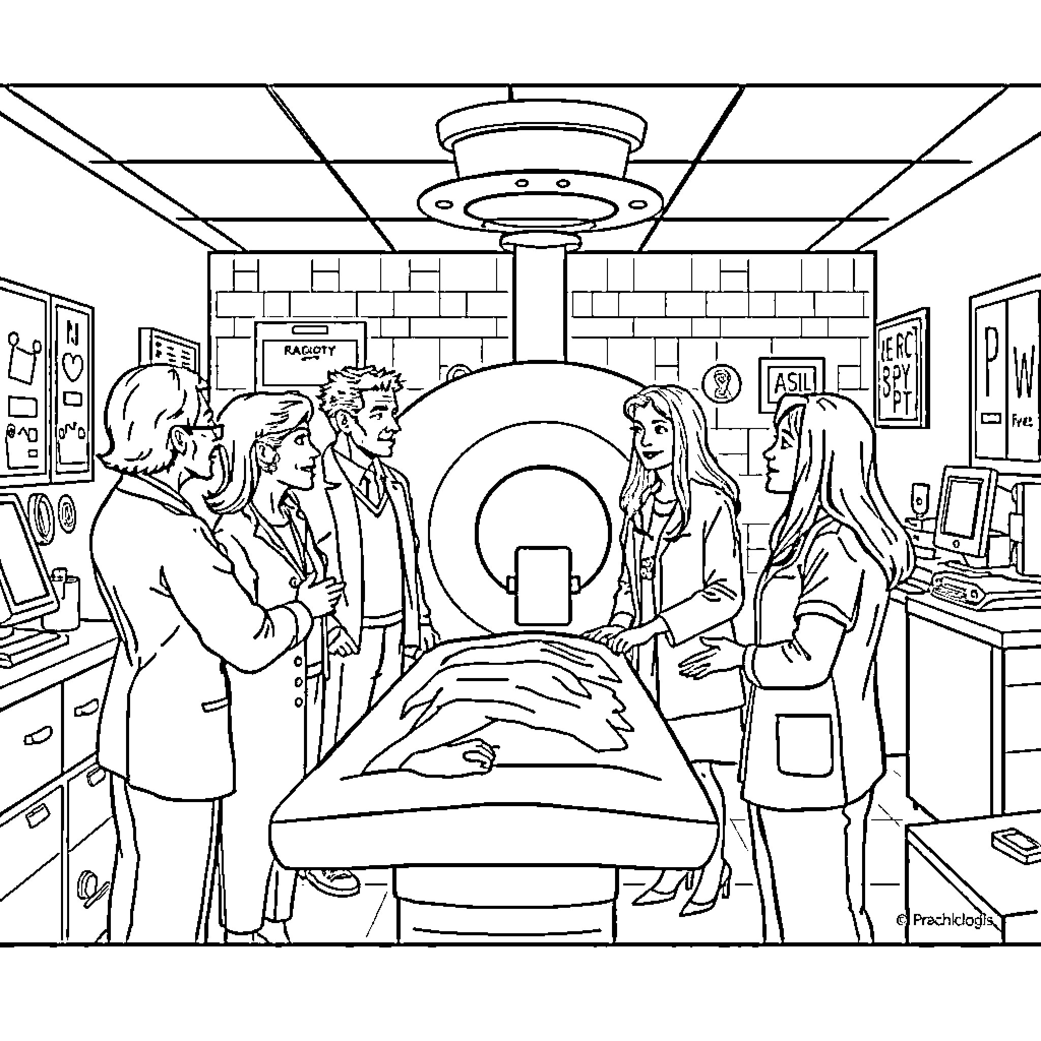 Friends gathered in a medical facility Coloring Page (free black-and-white line drawing printable PDF for all, from beginners to advanced learners, including children, teens, adults, and seniors)