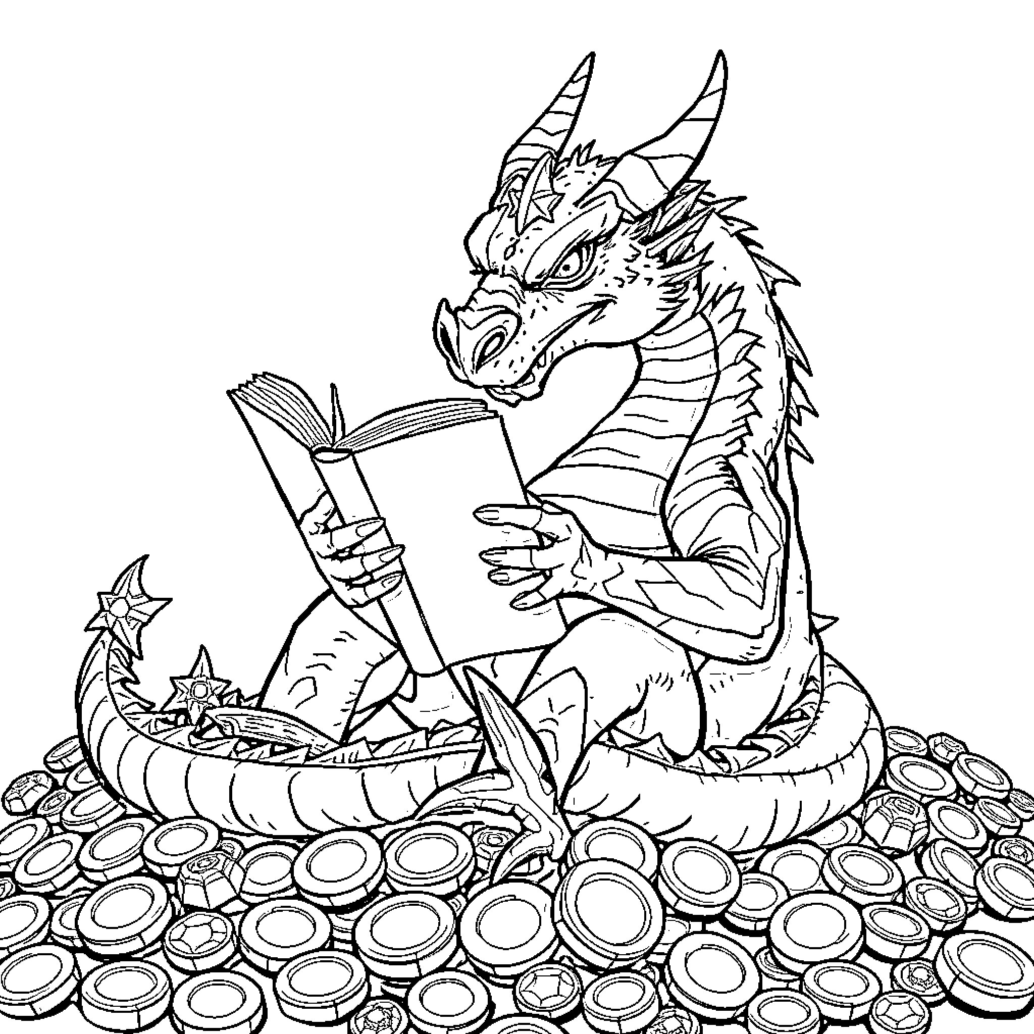 Dragon reading a book amidst a hoard of coins Coloring Page (free black-and-white line drawing printable PDF for all, from beginners to advanced learners, including children, teens, adults, and seniors)
