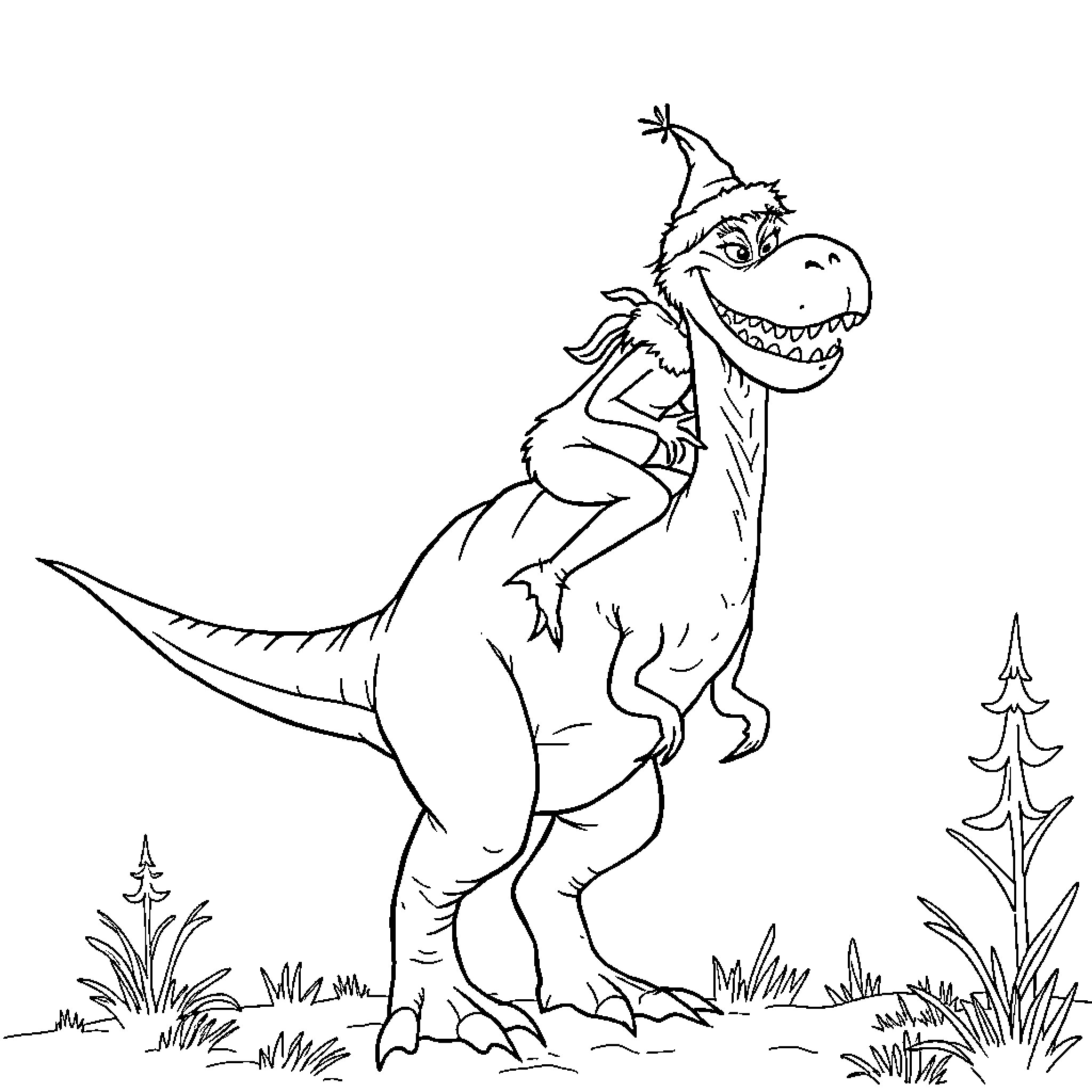 Grinch dinosaur having a cheerful moment Coloring Page (free black-and-white line drawing printable PDF for all, from beginners to advanced learners, including children, teens, adults, and seniors)