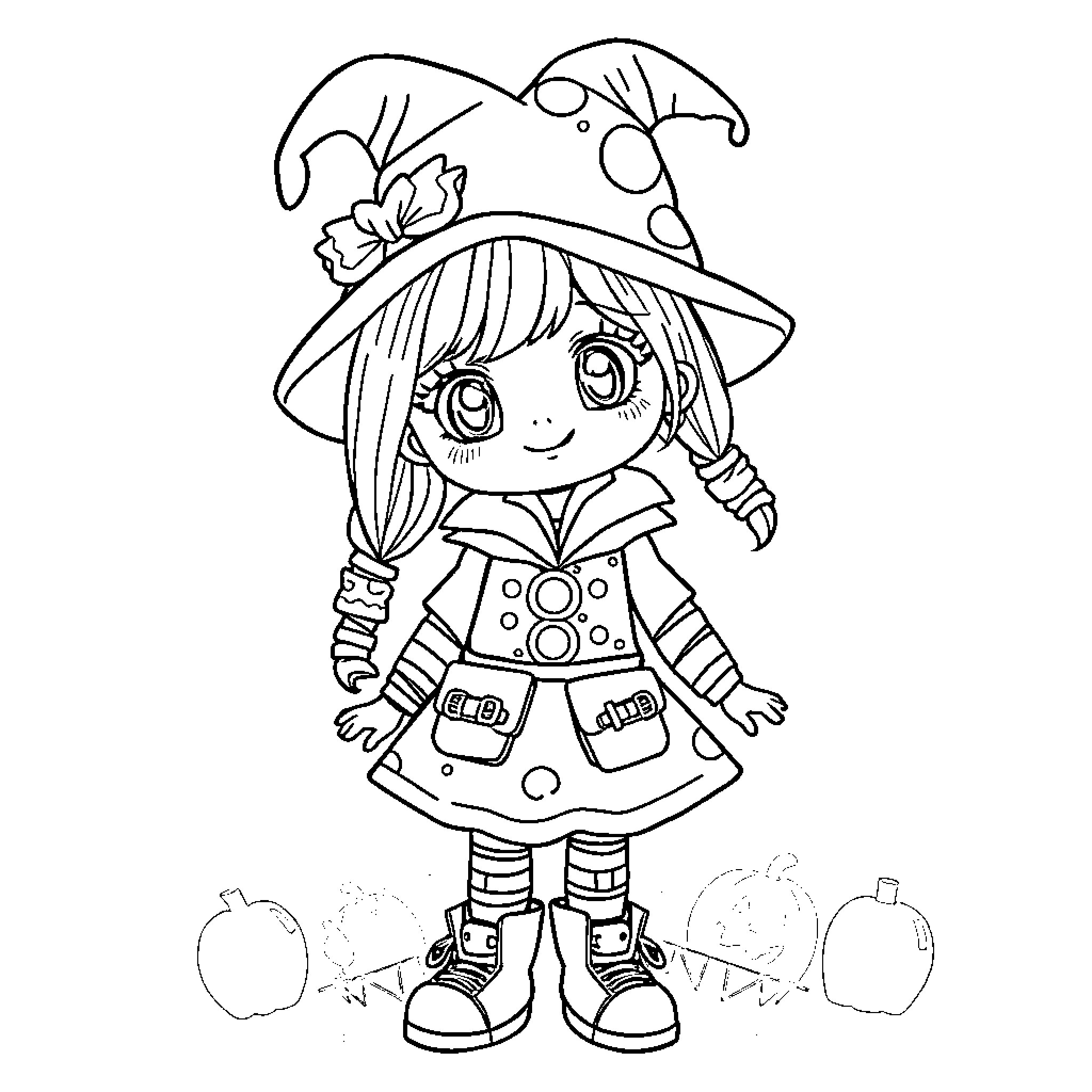 Halloween Girl in Whimsical Witch Costume Coloring Page (free black-and-white line drawing printable PDF for all, from beginners to advanced learners, including children, teens, adults, and seniors)
