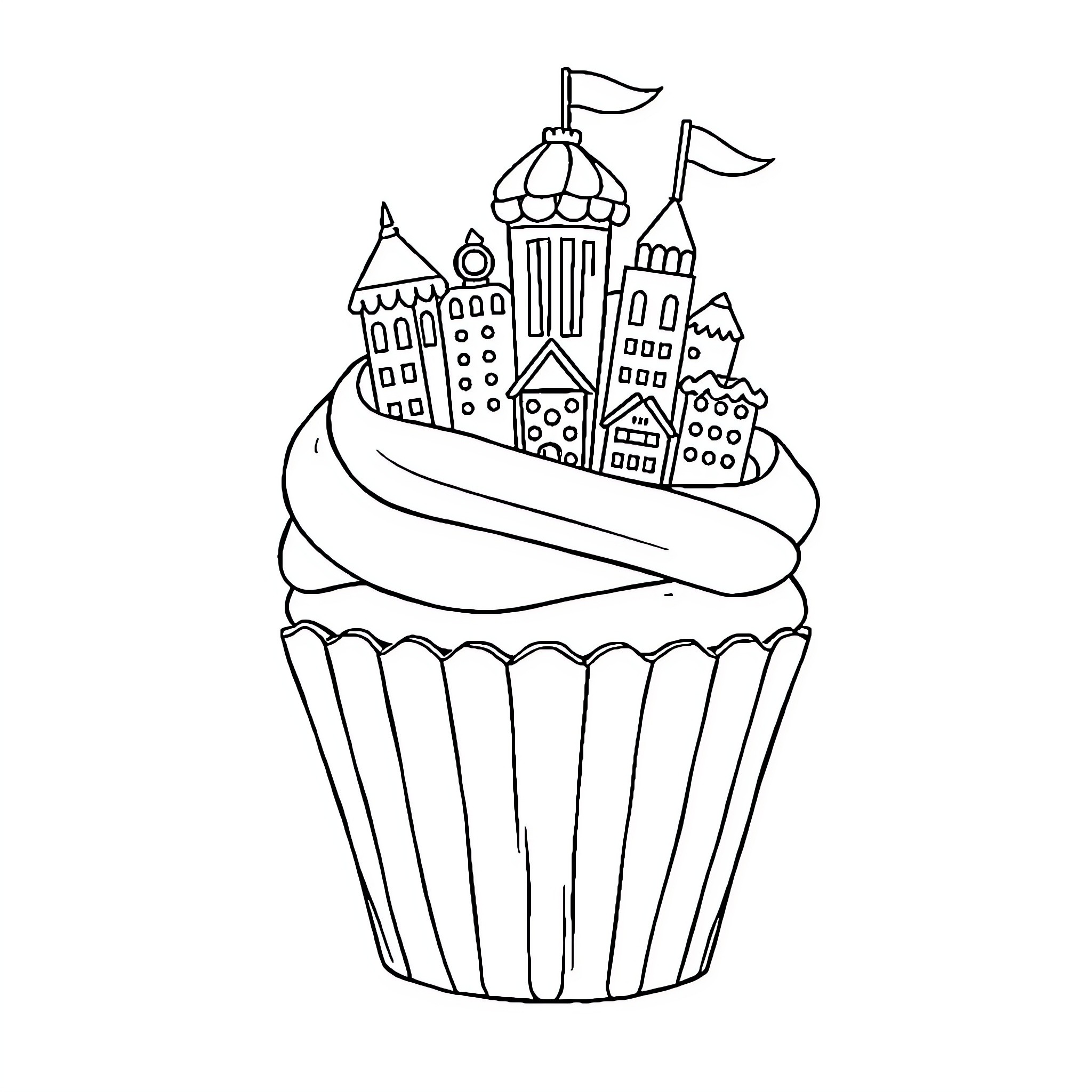 Cupcake with whimsical castle design Coloring Page (free black-and-white line drawing printable PDF for all, from beginners to advanced learners, including children, teens, adults, and seniors)