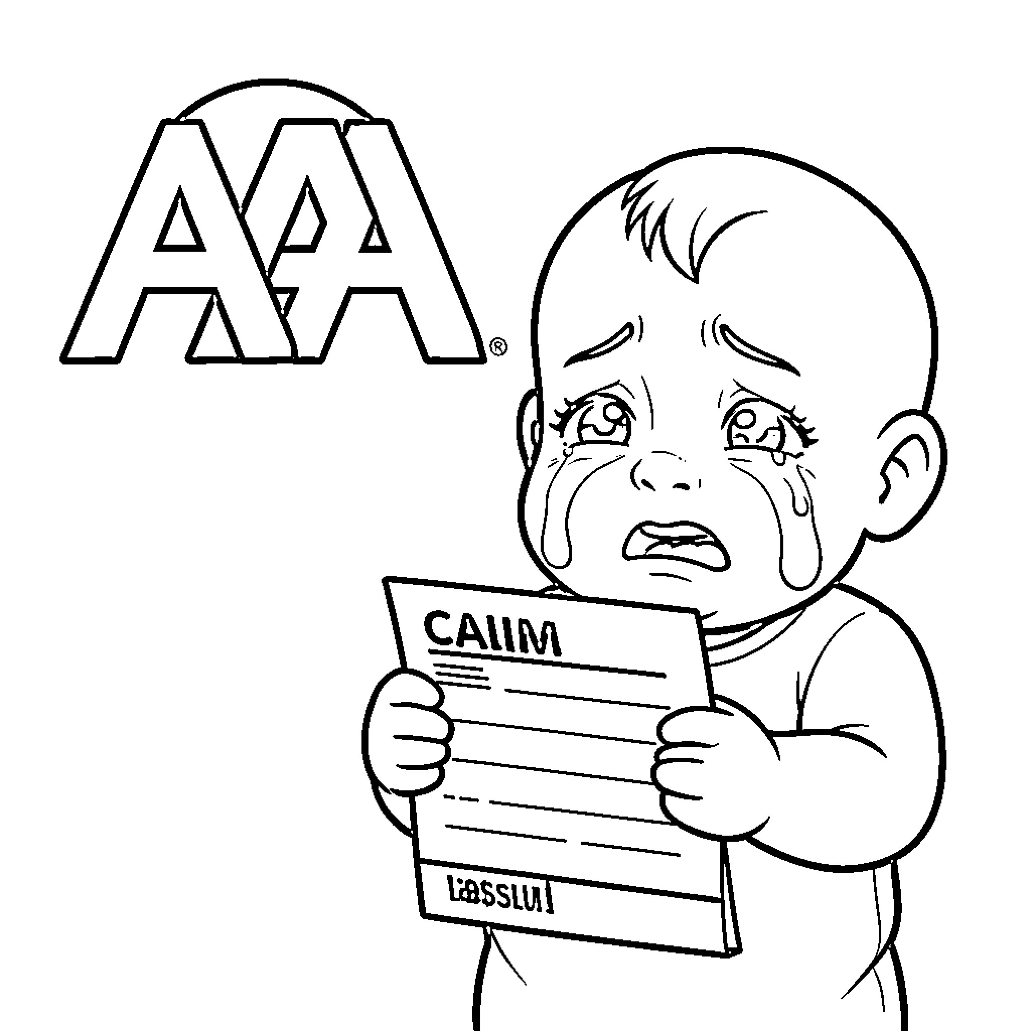 Baby crying while holding a claim document Coloring Page (free black-and-white line drawing printable PDF for all, from beginners to advanced learners, including children, teens, adults, and seniors)