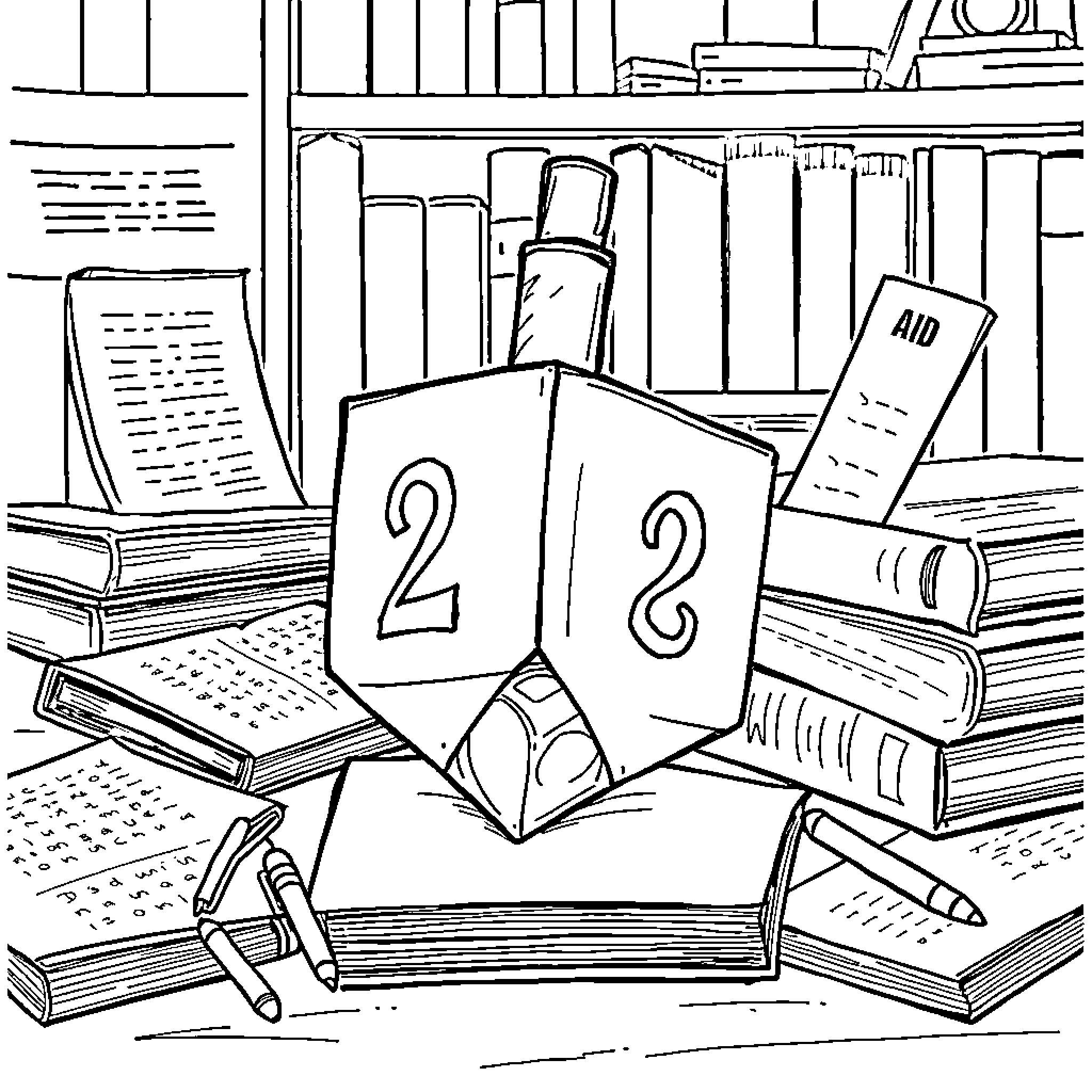 Dreidel Spinning Amid Books and School Supplies Coloring Page (free black-and-white line drawing printable PDF for all, from beginners to advanced learners, including children, teens, adults, and seniors)