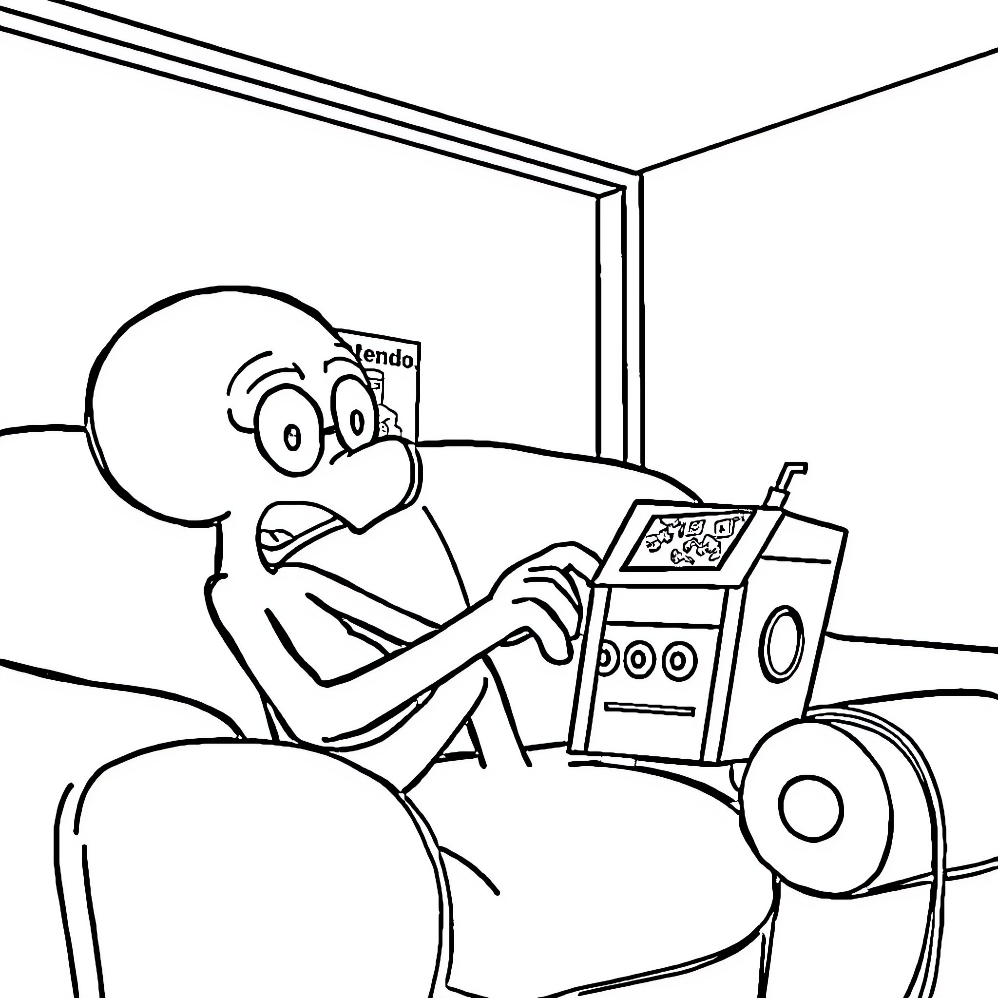 Squidward playing with his music equipment Coloring Page (free black-and-white line drawing printable PDF for all, from beginners to advanced learners, including children, teens, adults, and seniors)
