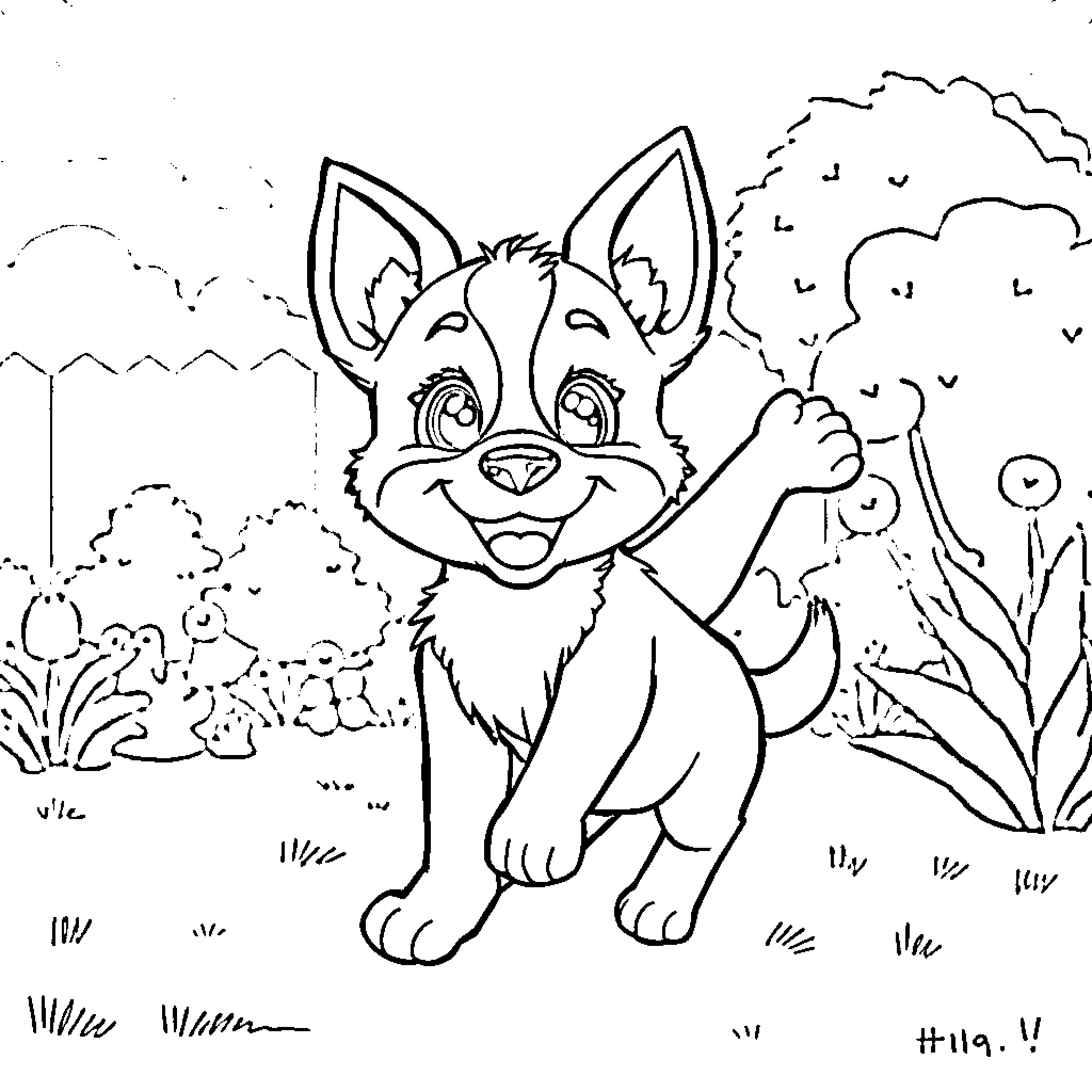 Bluey playing joyfully in the garden Coloring Page (free black-and-white line drawing printable PDF for all, from beginners to advanced learners, including children, teens, adults, and seniors)