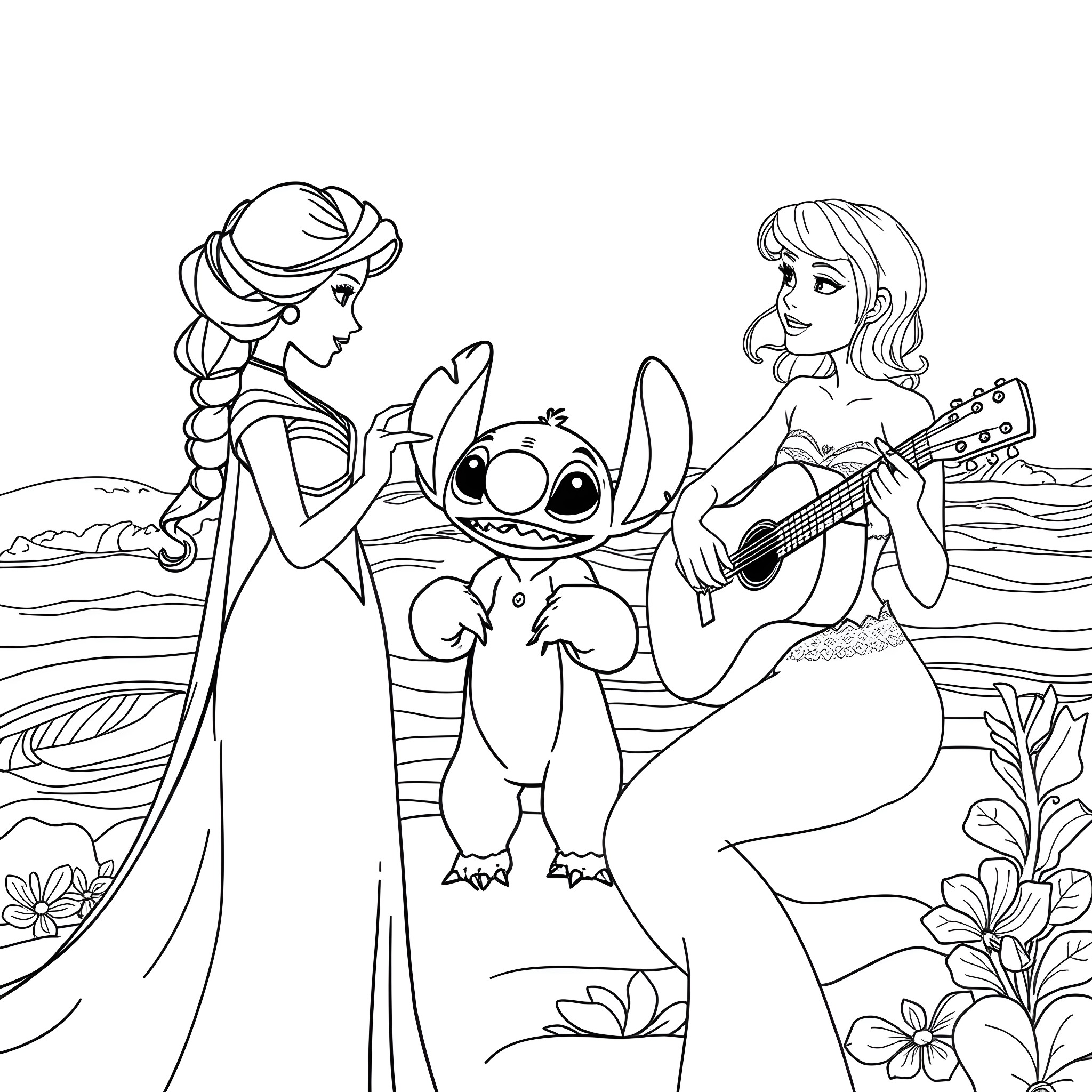 Elsa and Lilo have a musical adventure Coloring Page (free black-and-white line drawing printable PDF for all, from beginners to advanced learners, including children, teens, adults, and seniors)