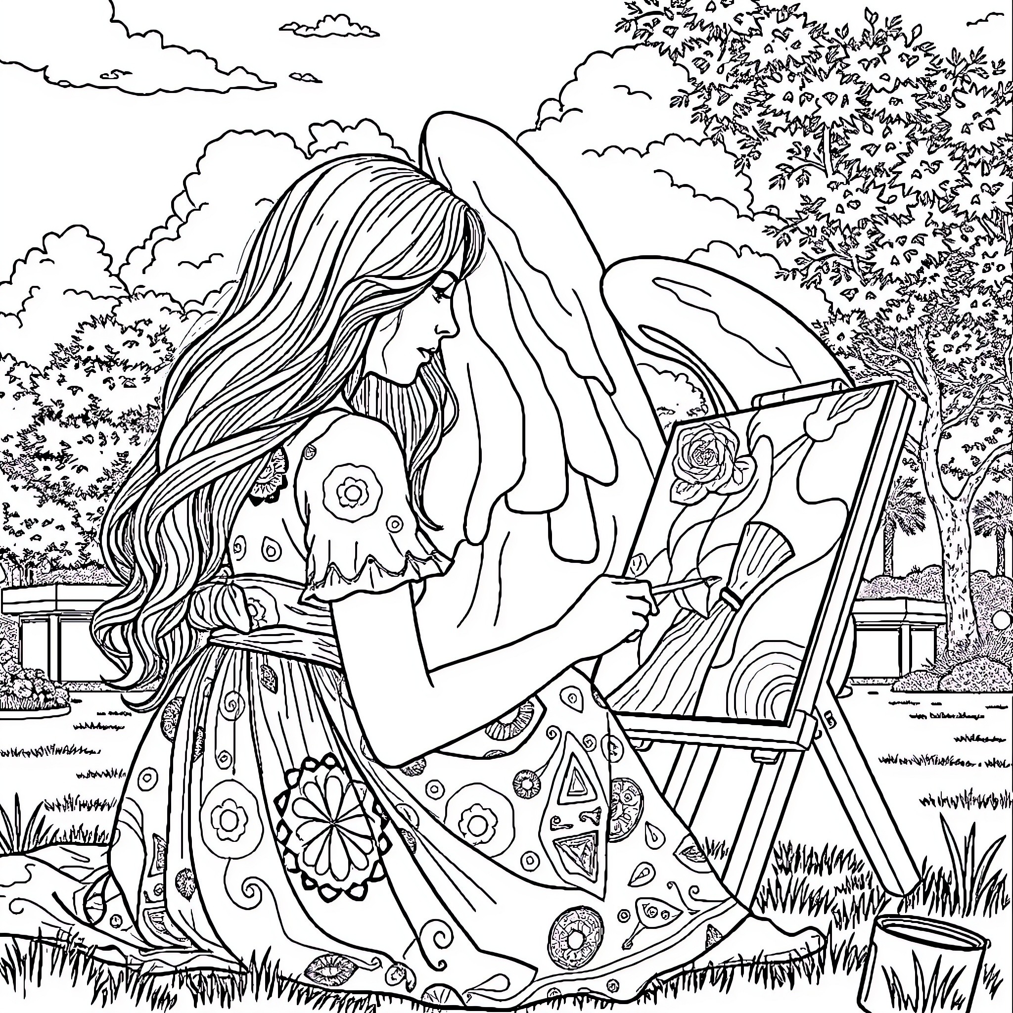 Woman painting a nature scene outdoors Coloring Page (free black-and-white line drawing printable PDF for all, from beginners to advanced learners, including children, teens, adults, and seniors)
