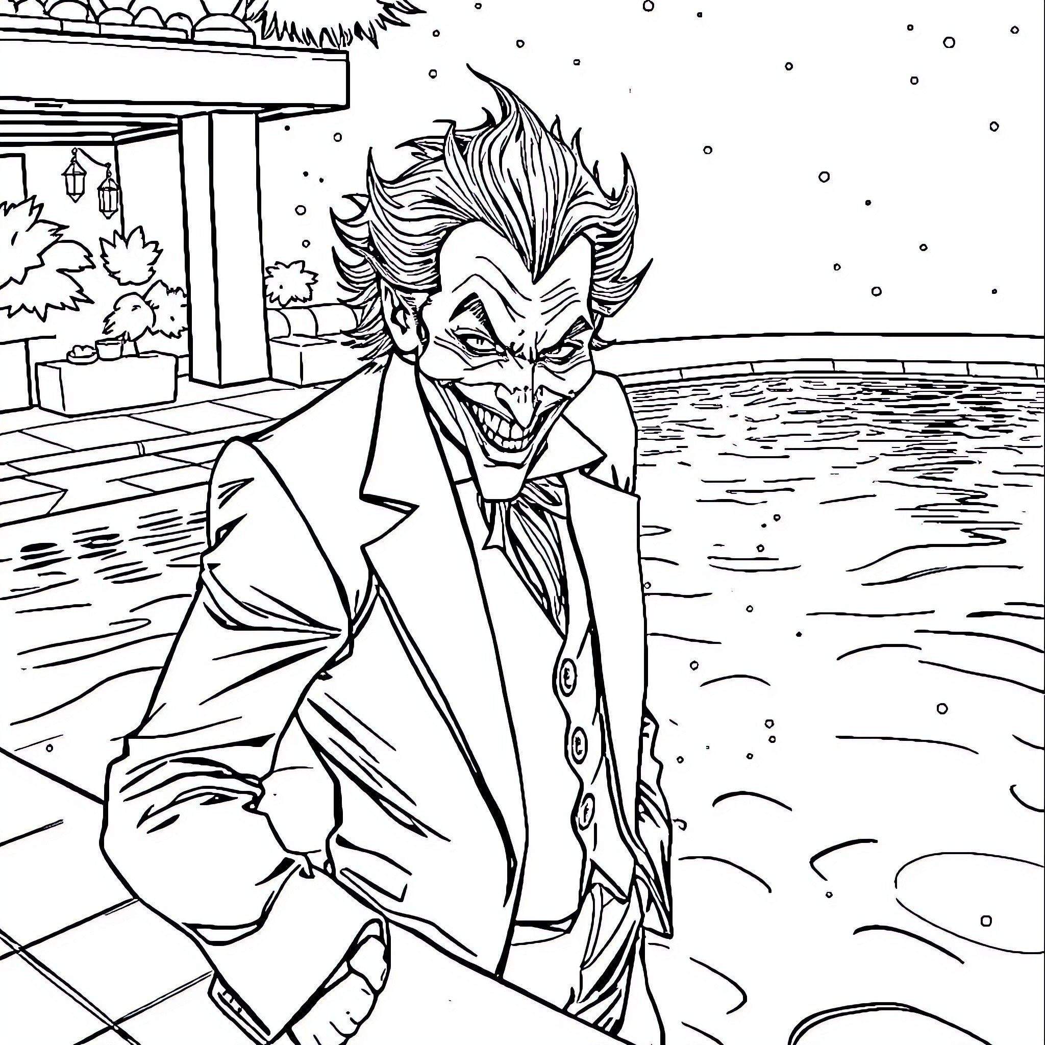 Joker's sinister grin in the snowy winter Coloring Page (free black-and-white line drawing printable PDF for all, from beginners to advanced learners, including children, teens, adults, and seniors)