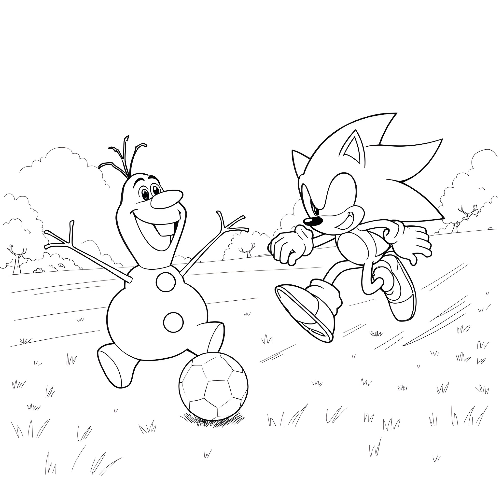 Olaf and Sonic playing together in the field Coloring Page (free black-and-white line drawing printable PDF for all, from beginners to advanced learners, including children, teens, adults, and seniors)