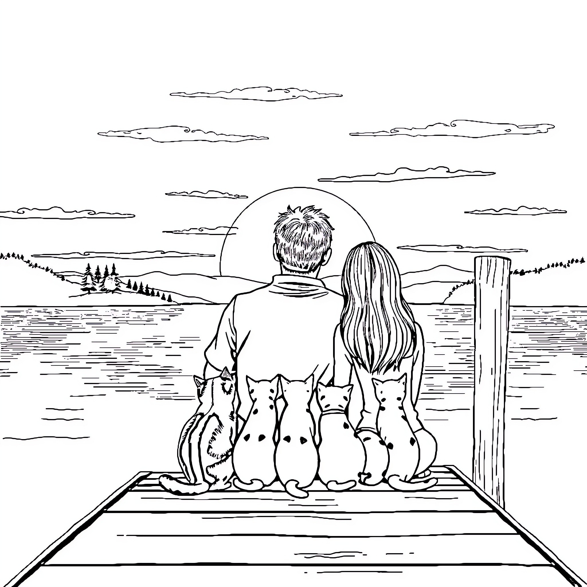 Man and Woman Sitting on Dock Overlooking Scenic Landscape Coloring Page (free black-and-white line drawing printable PDF for all, from beginners to advanced learners, including children, teens, adults, and seniors)