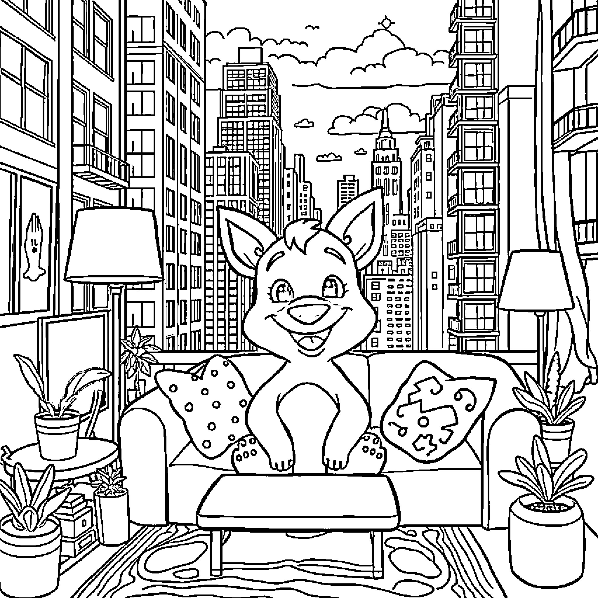 Bluey enjoying the cityscape in her colorful home Coloring Page (free black-and-white line drawing printable PDF for all, from beginners to advanced learners, including children, teens, adults, and seniors)