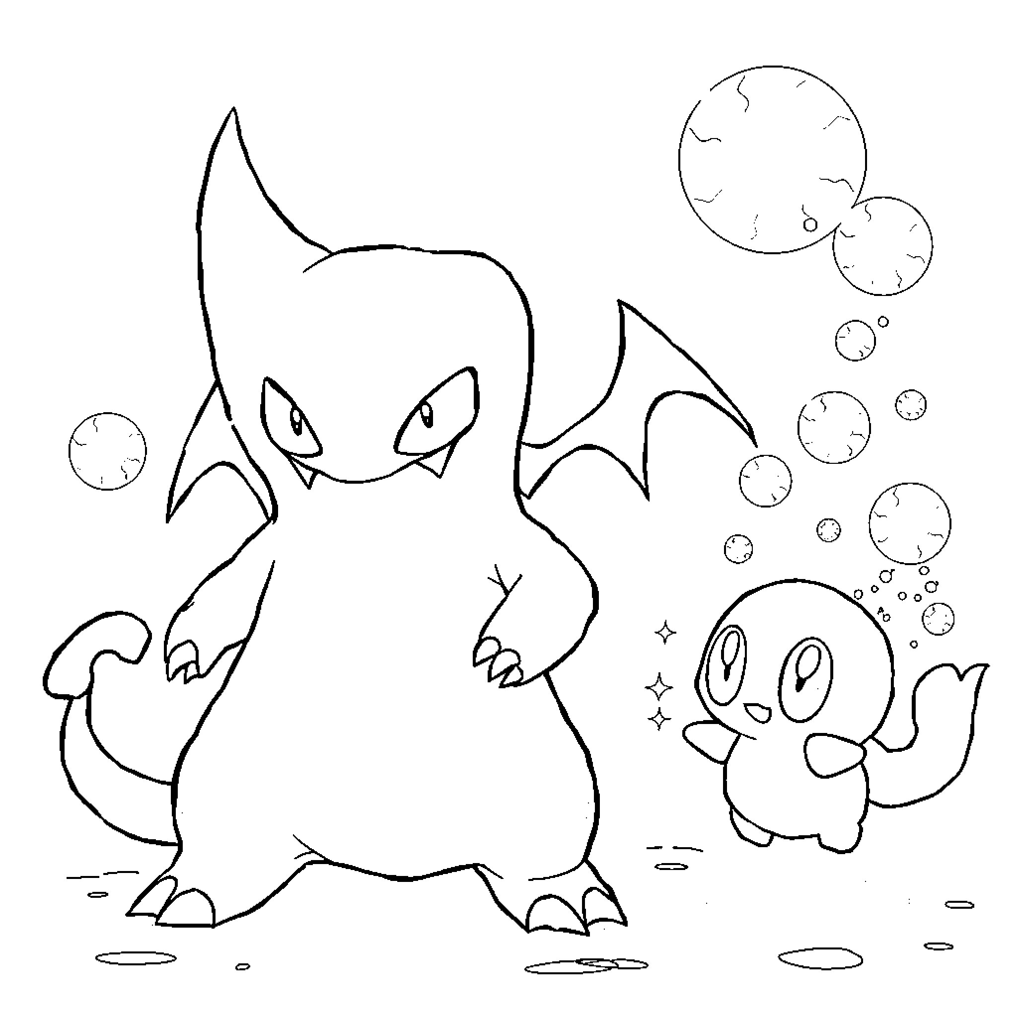 Gengar and Gastly playing in the stars Coloring Page (free black-and-white line drawing printable PDF for all, from beginners to advanced learners, including children, teens, adults, and seniors)