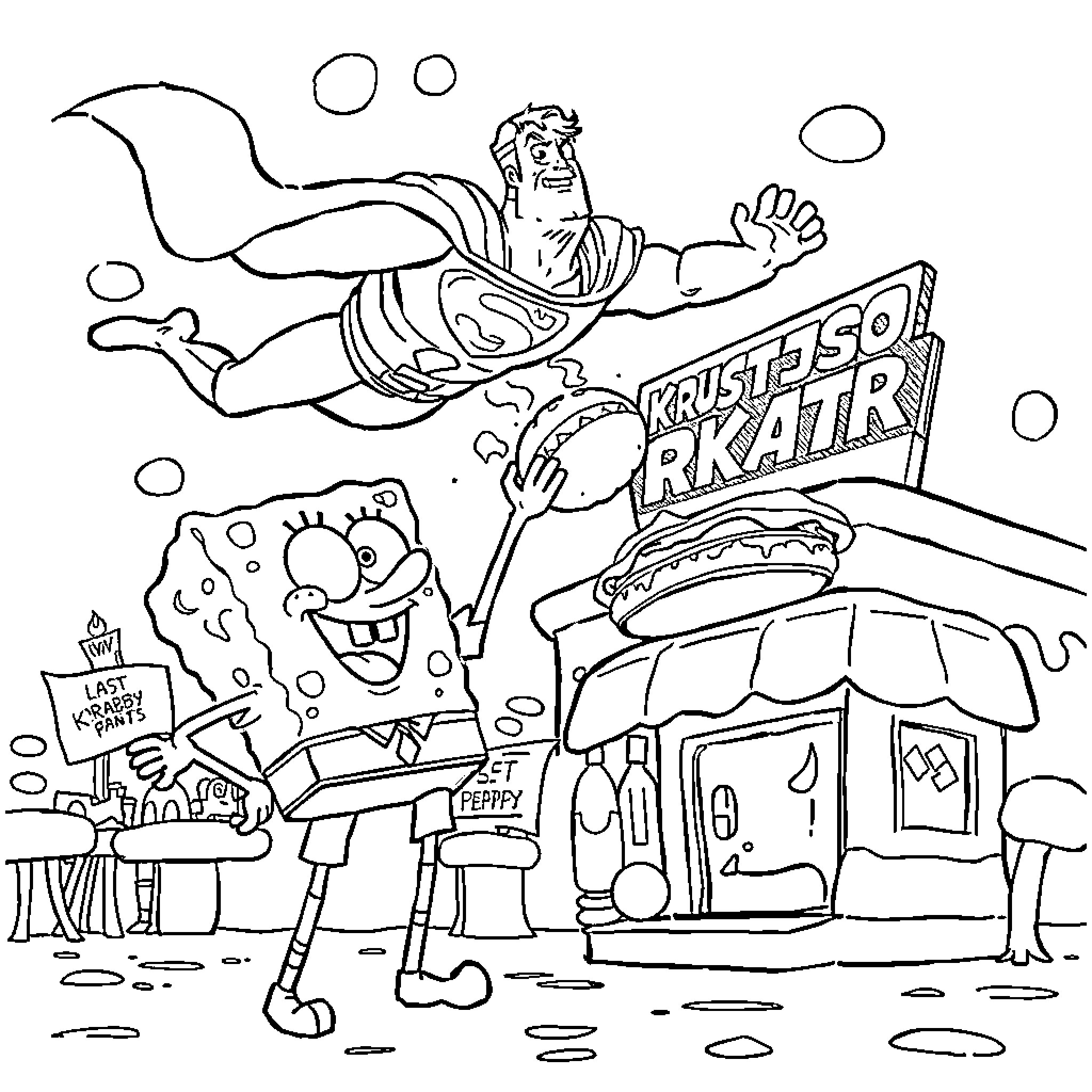 Spongebob and friends in a Krusty Krab adventure Coloring Page (free black-and-white line drawing printable PDF for all, from beginners to advanced learners, including children, teens, adults, and seniors)