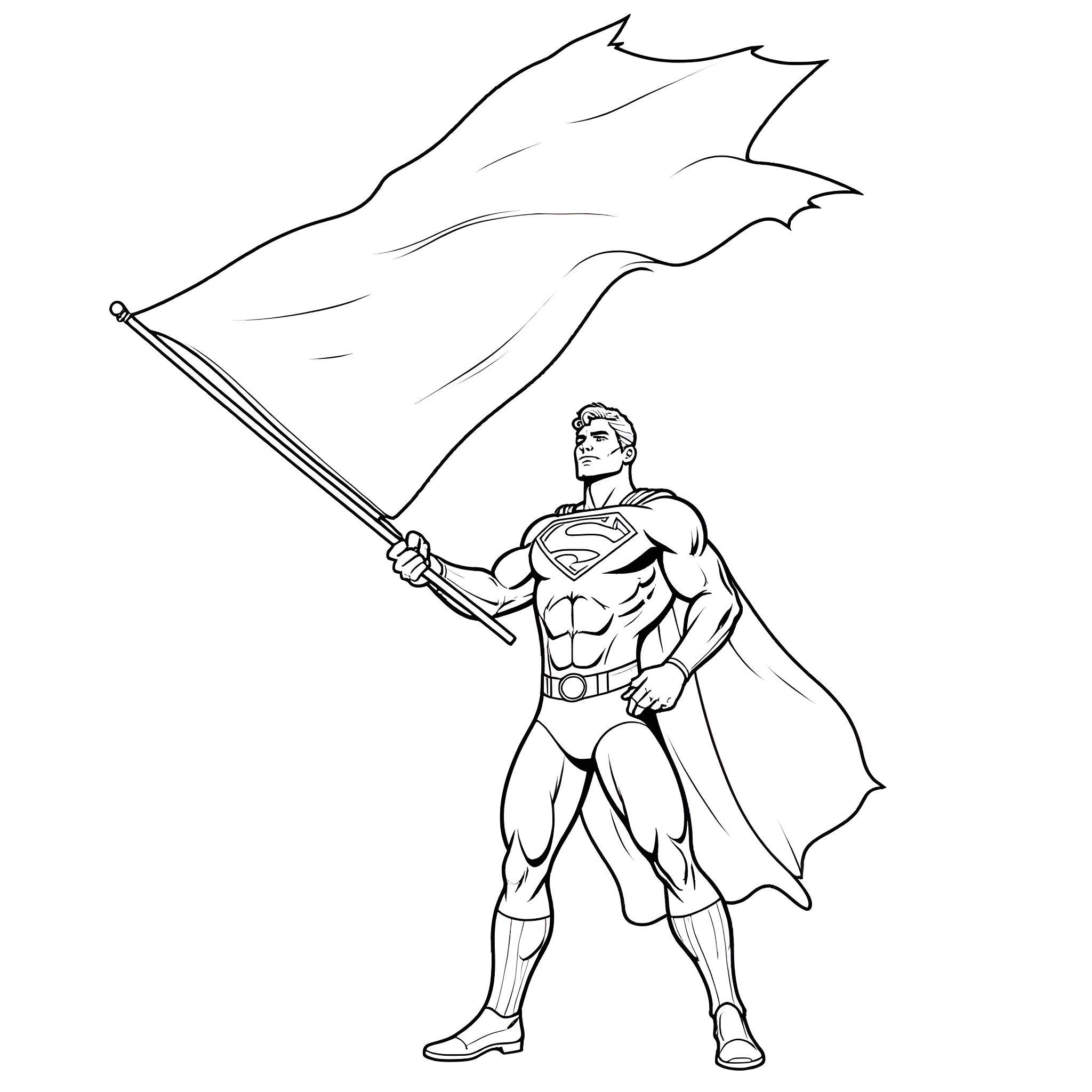 Superman raising heroic flag Coloring Page (free black-and-white line drawing printable PDF for all, from beginners to advanced learners, including children, teens, adults, and seniors)