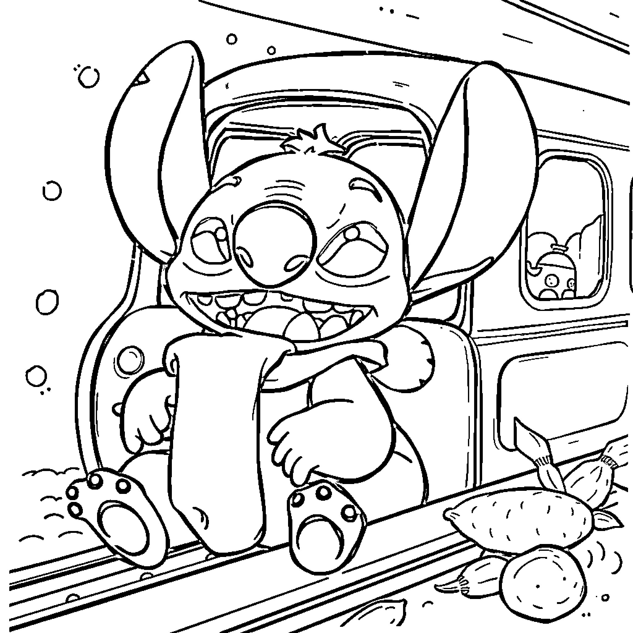 Stitch exploring an underwater scene Coloring Page (free black-and-white line drawing printable PDF for all, from beginners to advanced learners, including children, teens, adults, and seniors)